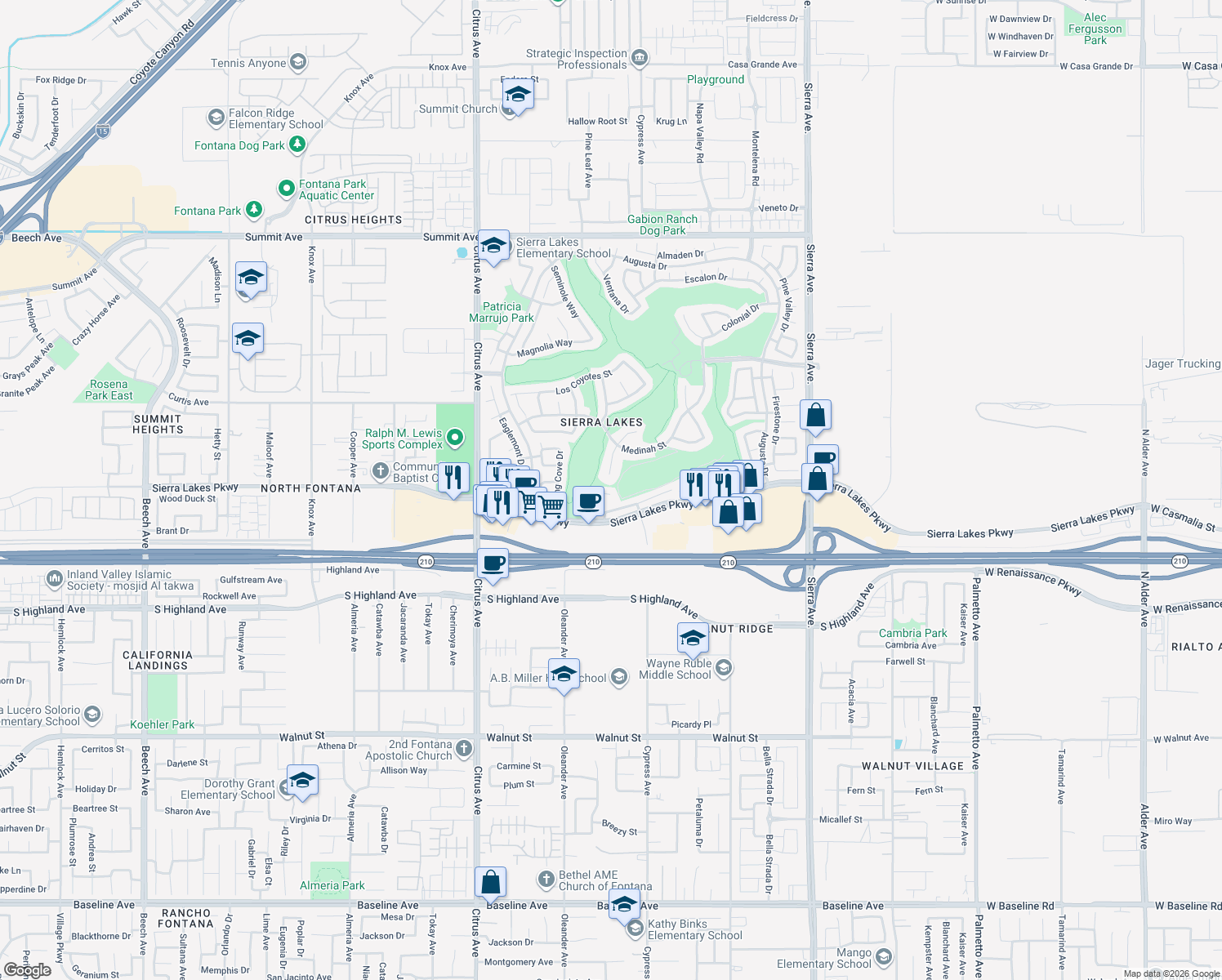 map of restaurants, bars, coffee shops, grocery stores, and more near 16422 Empire Lakes Ct in Fontana