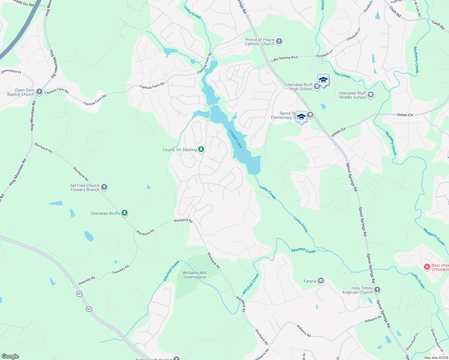 map of restaurants, bars, coffee shops, grocery stores, and more near 8089 Sleepy Lagoon Way in Flowery Branch