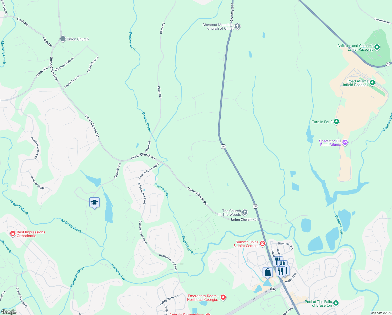 map of restaurants, bars, coffee shops, grocery stores, and more near 5487 Pleasant Hill Lane in Braselton