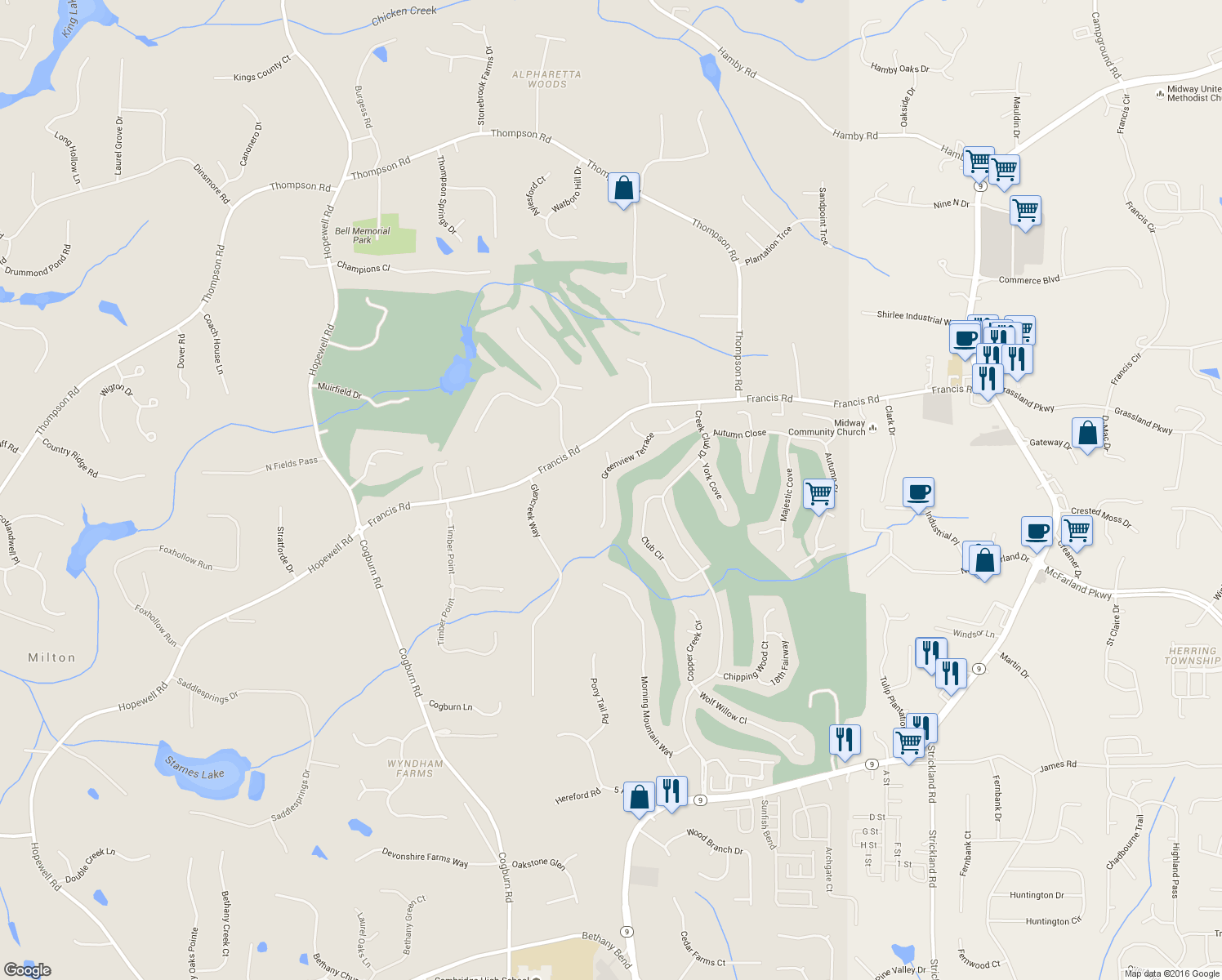 map of restaurants, bars, coffee shops, grocery stores, and more near 650 Greenview Terrace in Alpharetta