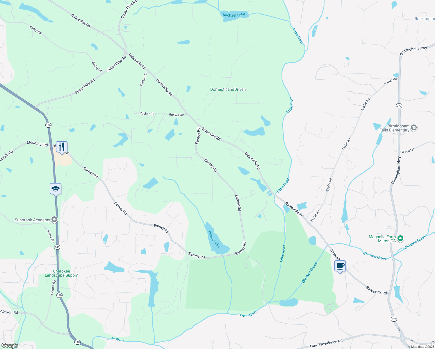 map of restaurants, bars, coffee shops, grocery stores, and more near 1401 Silver Fox Run in Woodstock