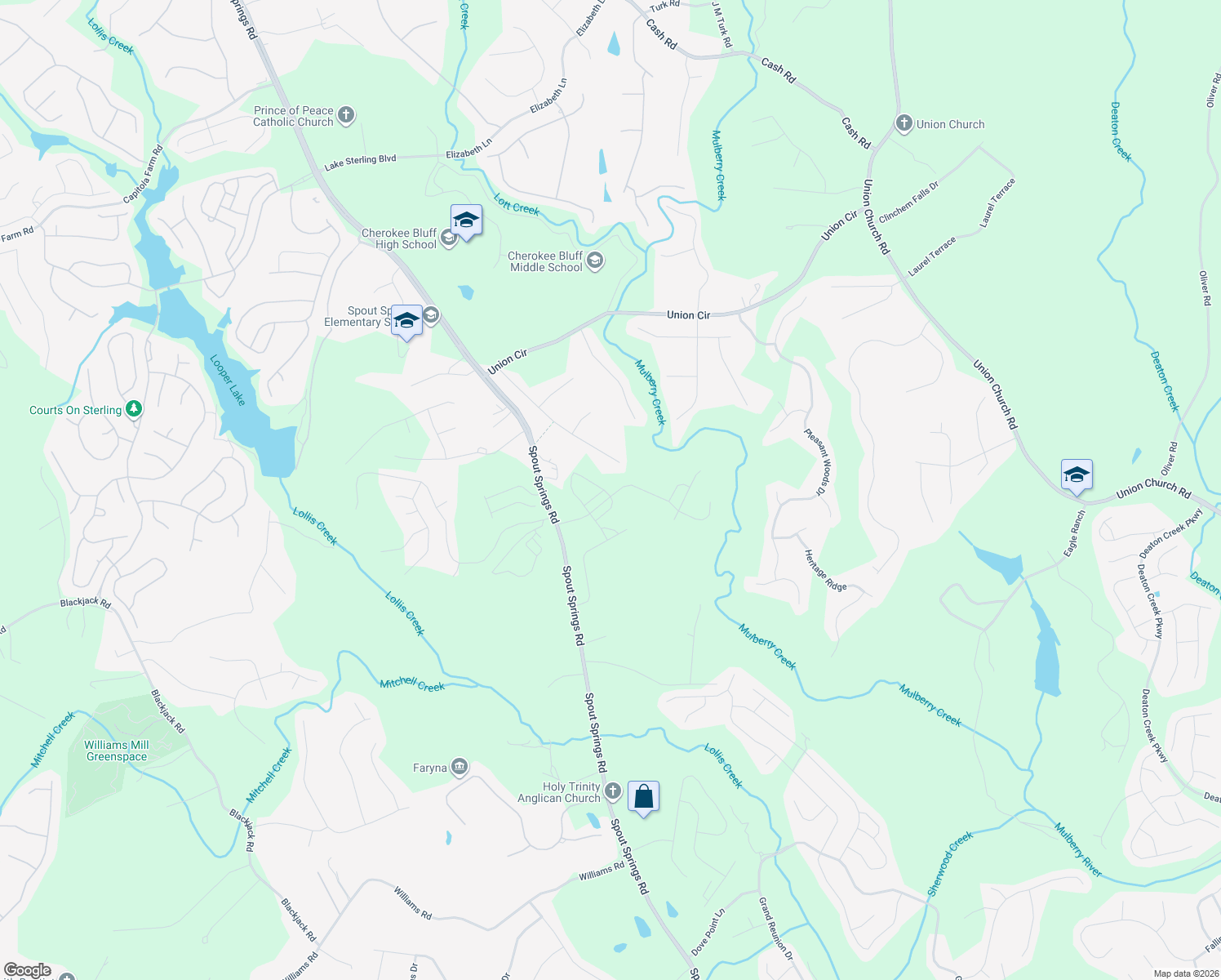 map of restaurants, bars, coffee shops, grocery stores, and more near 5596 Elderberry Lane in Flowery Branch