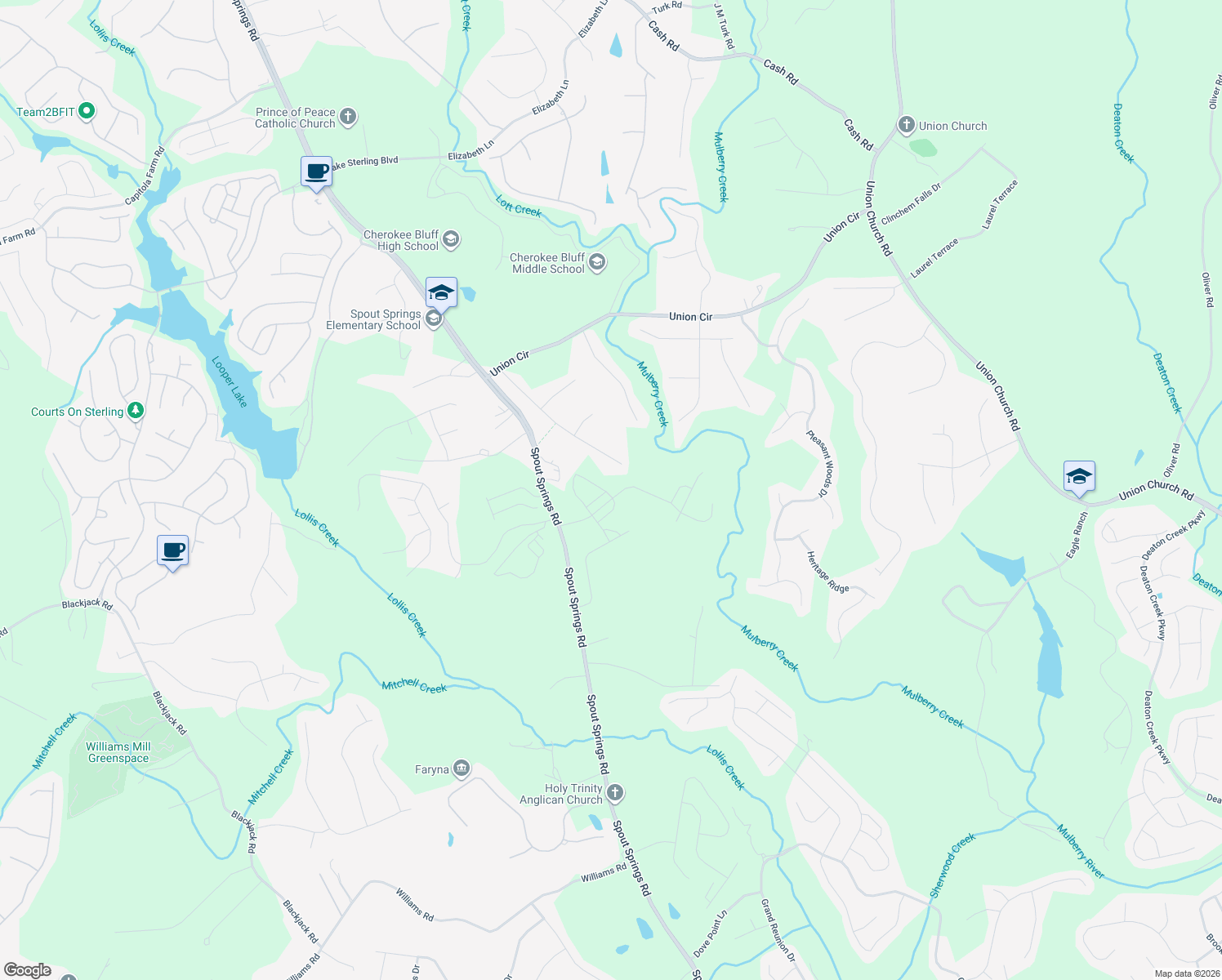 map of restaurants, bars, coffee shops, grocery stores, and more near 5596 Elderberry Lane in Flowery Branch
