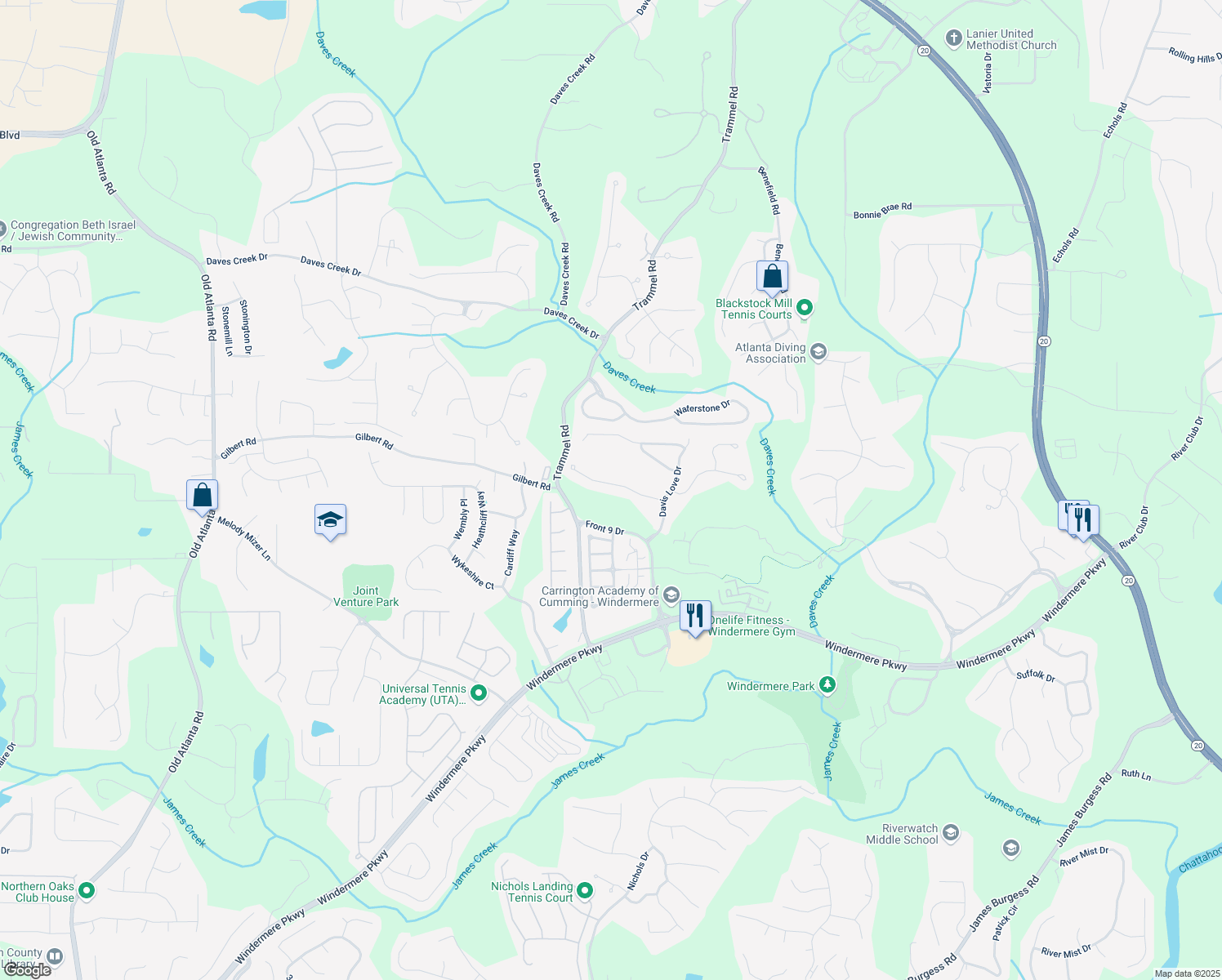 map of restaurants, bars, coffee shops, grocery stores, and more near 5325 Davenport Manor in Cumming