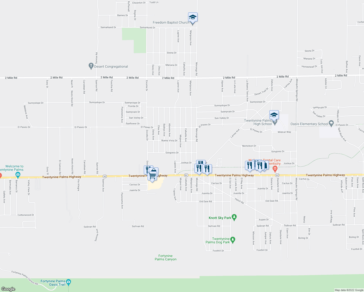 map of restaurants, bars, coffee shops, grocery stores, and more near 6230-6234 Mojave Avenue in Twentynine Palms
