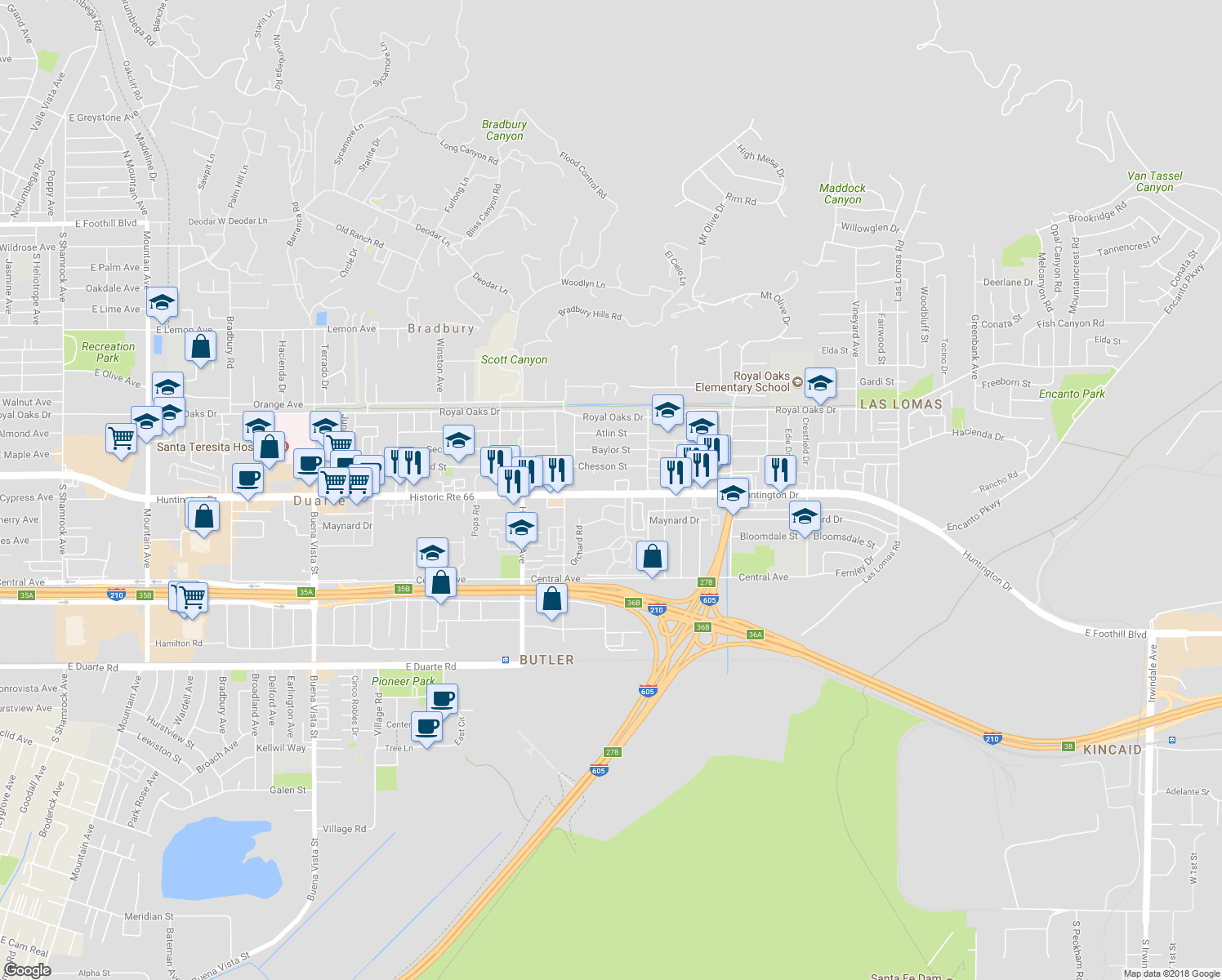 map of restaurants, bars, coffee shops, grocery stores, and more near 2005 Windsor Circle in Duarte