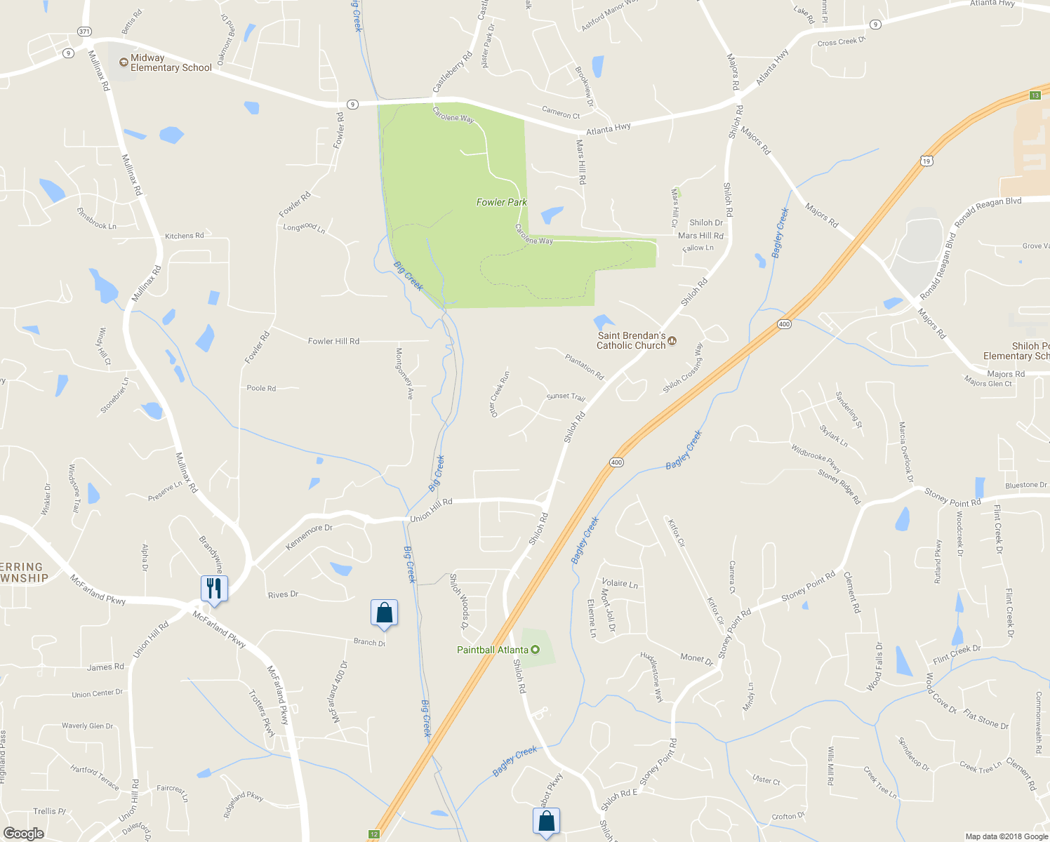 map of restaurants, bars, coffee shops, grocery stores, and more near 5030 Sunset Trail in Cumming