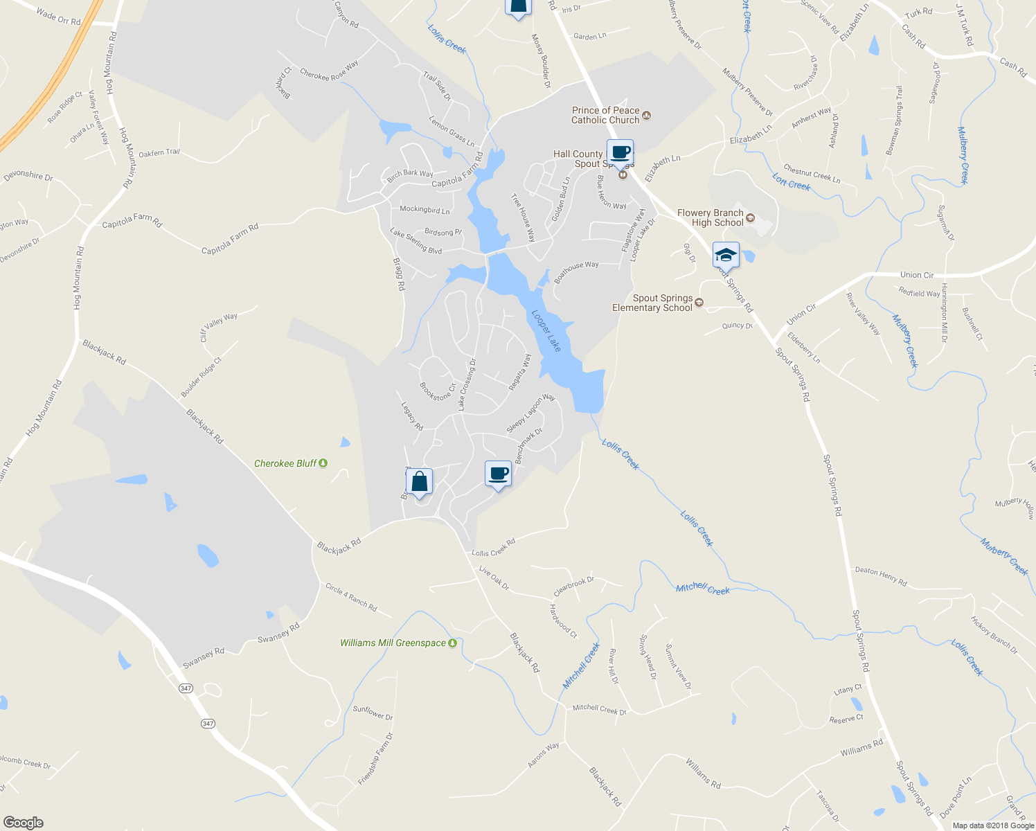 map of restaurants, bars, coffee shops, grocery stores, and more near 8084 Sleepy Lagoon Way in Flowery Branch