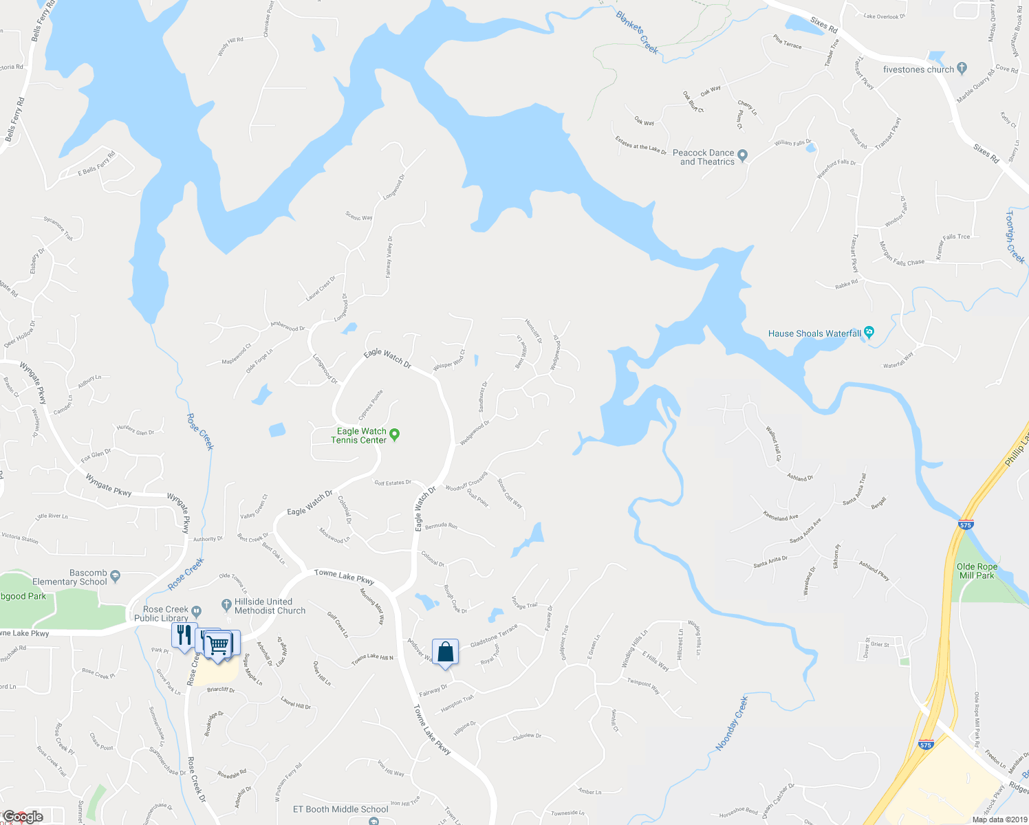 map of restaurants, bars, coffee shops, grocery stores, and more near 707 Players Court in Woodstock