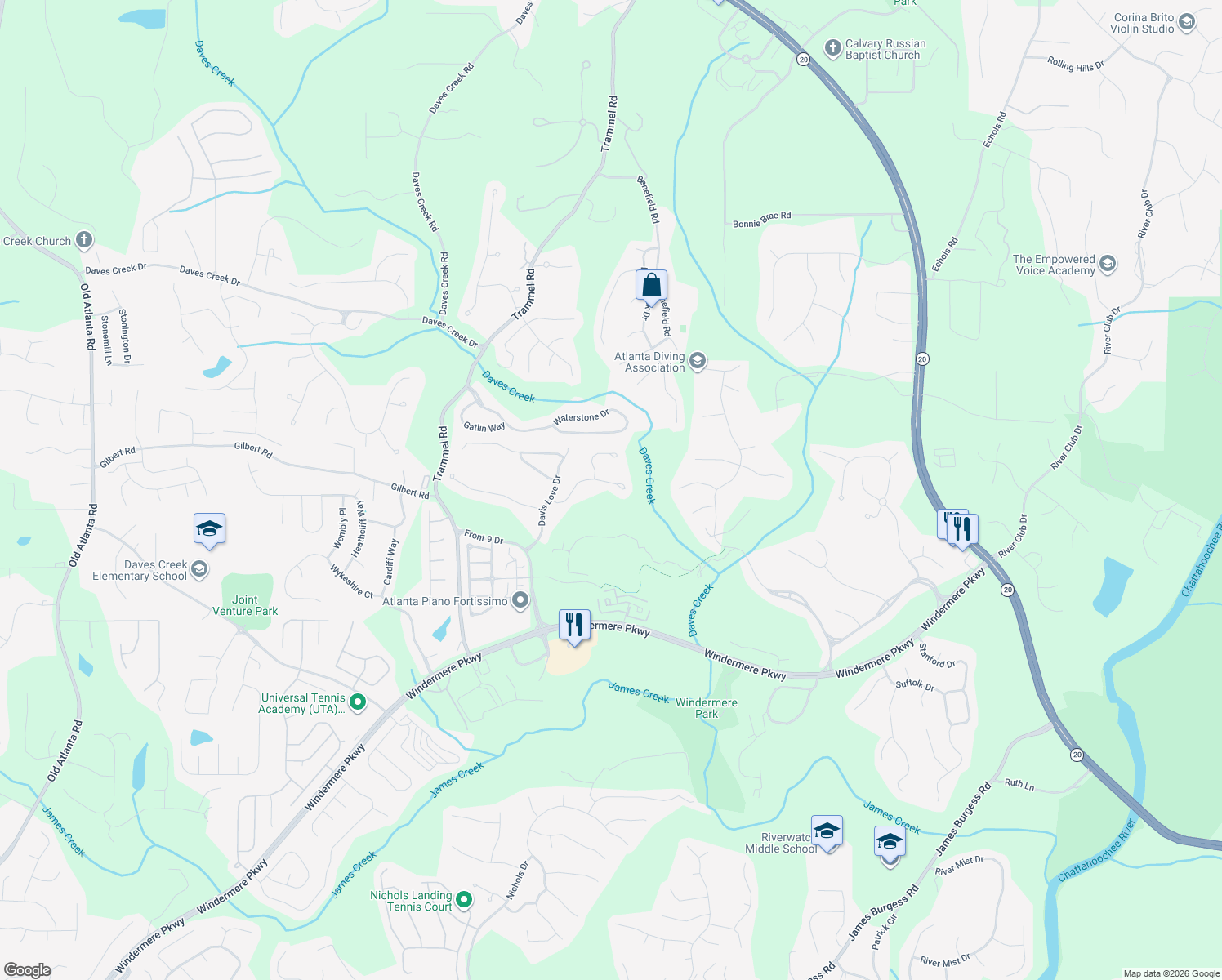 map of restaurants, bars, coffee shops, grocery stores, and more near 5422 Landsdowne Ct in Cumming
