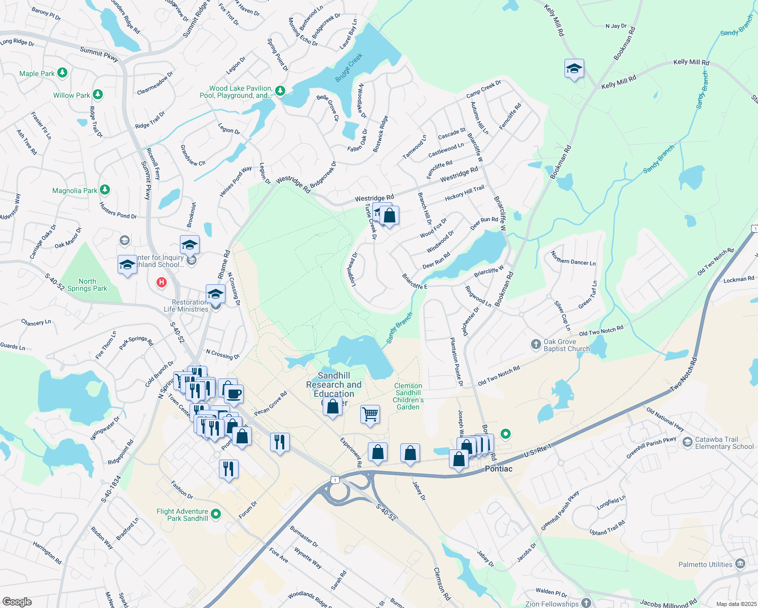 map of restaurants, bars, coffee shops, grocery stores, and more near 32 Loggerhead Drive in Columbia