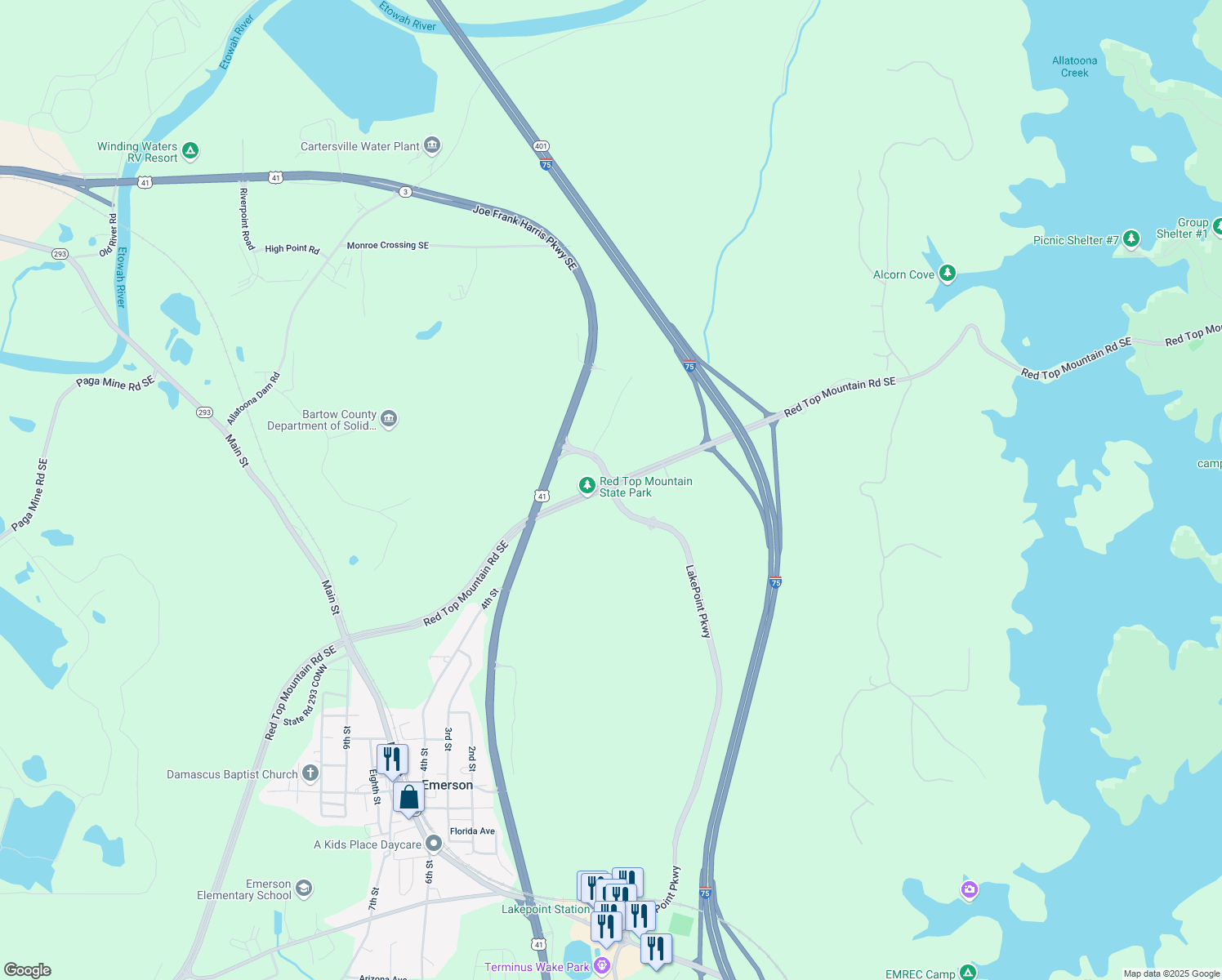 map of restaurants, bars, coffee shops, grocery stores, and more near Red Top Mountain Road Southeast in Cartersville