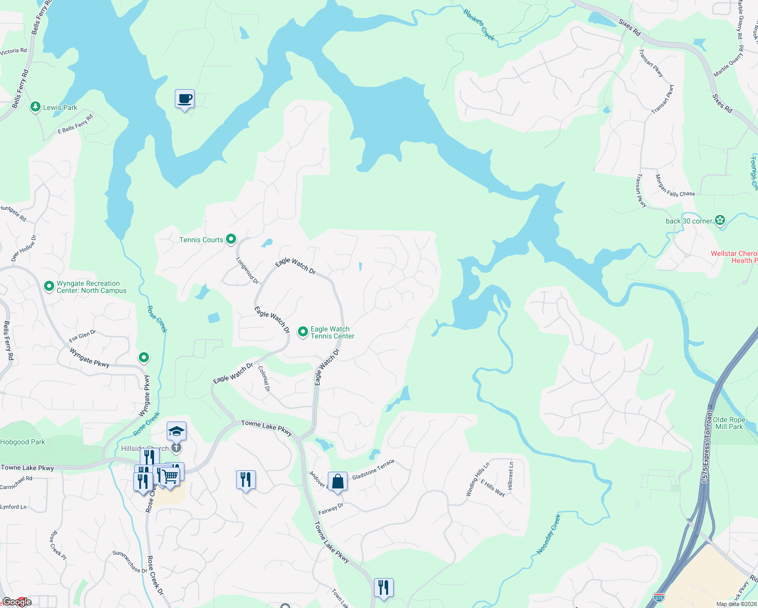 map of restaurants, bars, coffee shops, grocery stores, and more near 701 Players Ct in Woodstock