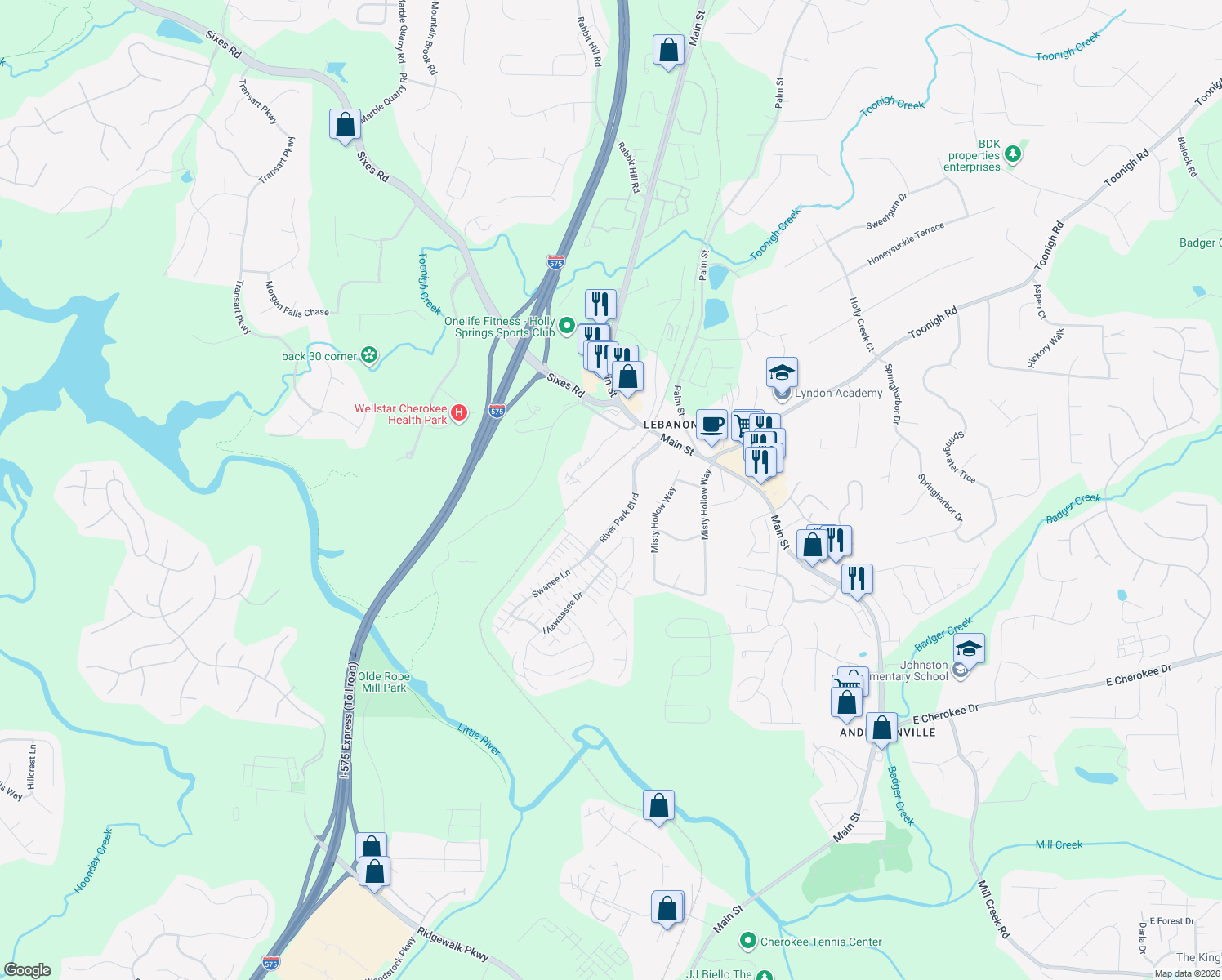 map of restaurants, bars, coffee shops, grocery stores, and more near 235 River Park North Drive in Woodstock