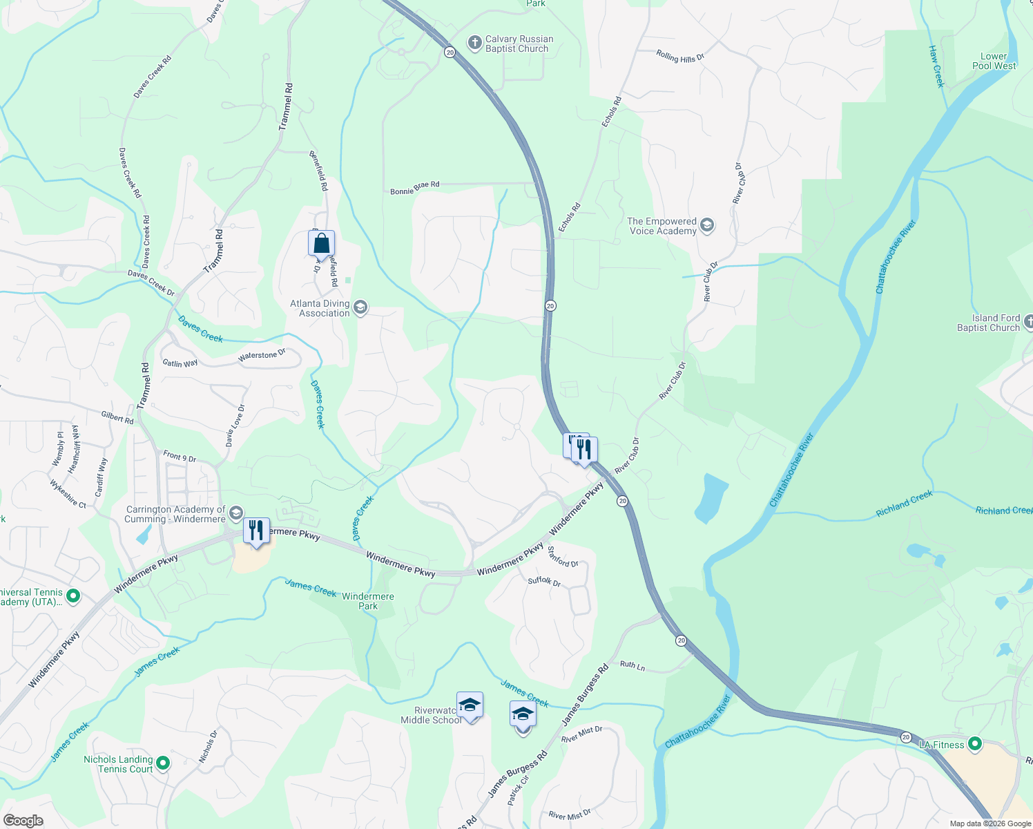 map of restaurants, bars, coffee shops, grocery stores, and more near 1403 Edenham Ln in Cumming