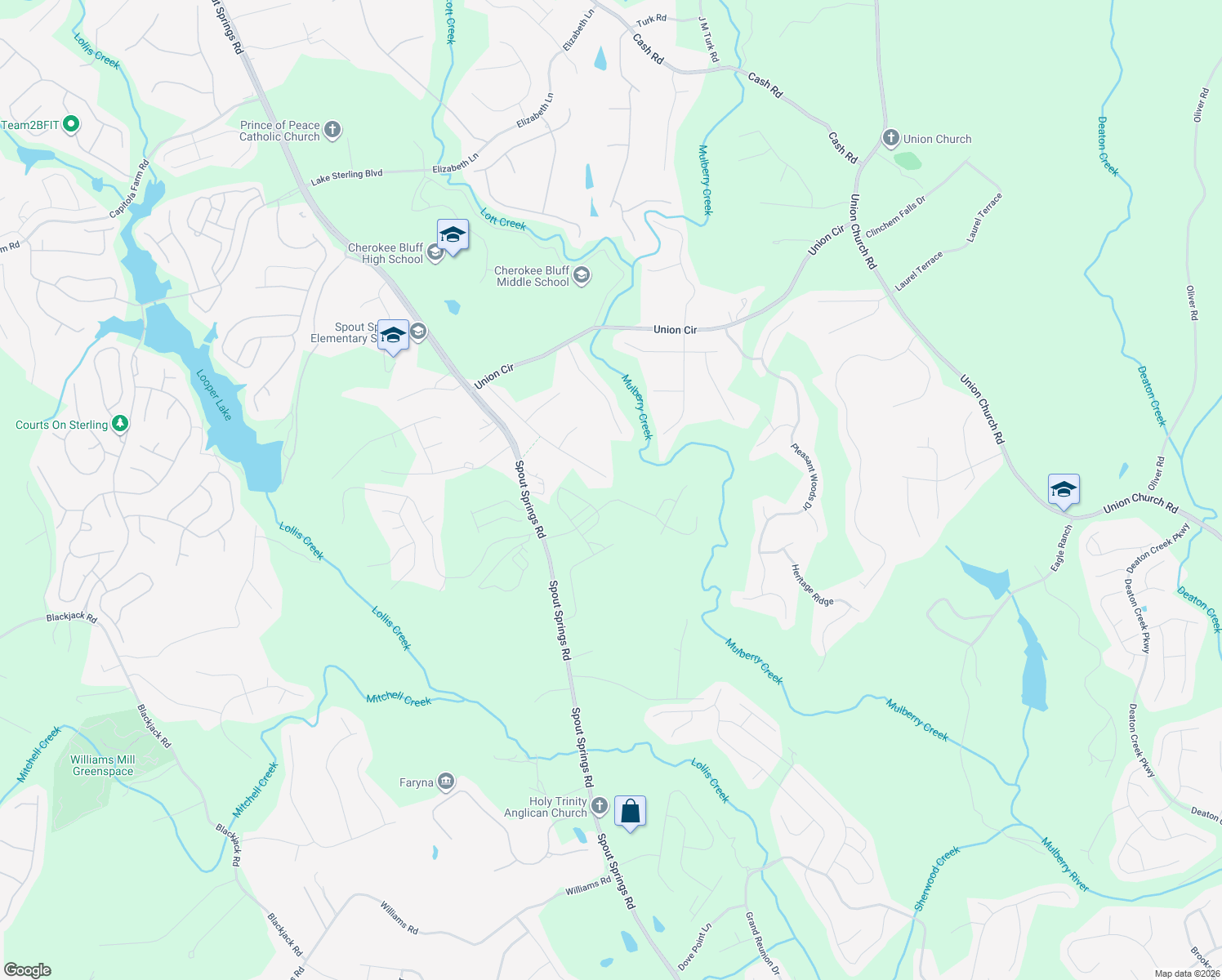 map of restaurants, bars, coffee shops, grocery stores, and more near 5596 Elderberry Lane in Flowery Branch