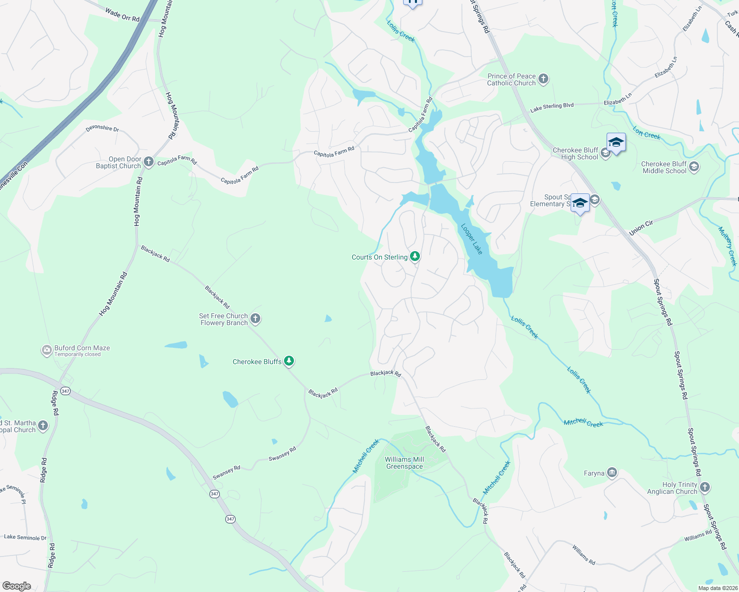 map of restaurants, bars, coffee shops, grocery stores, and more near 7653 Legacy Road in Flowery Branch