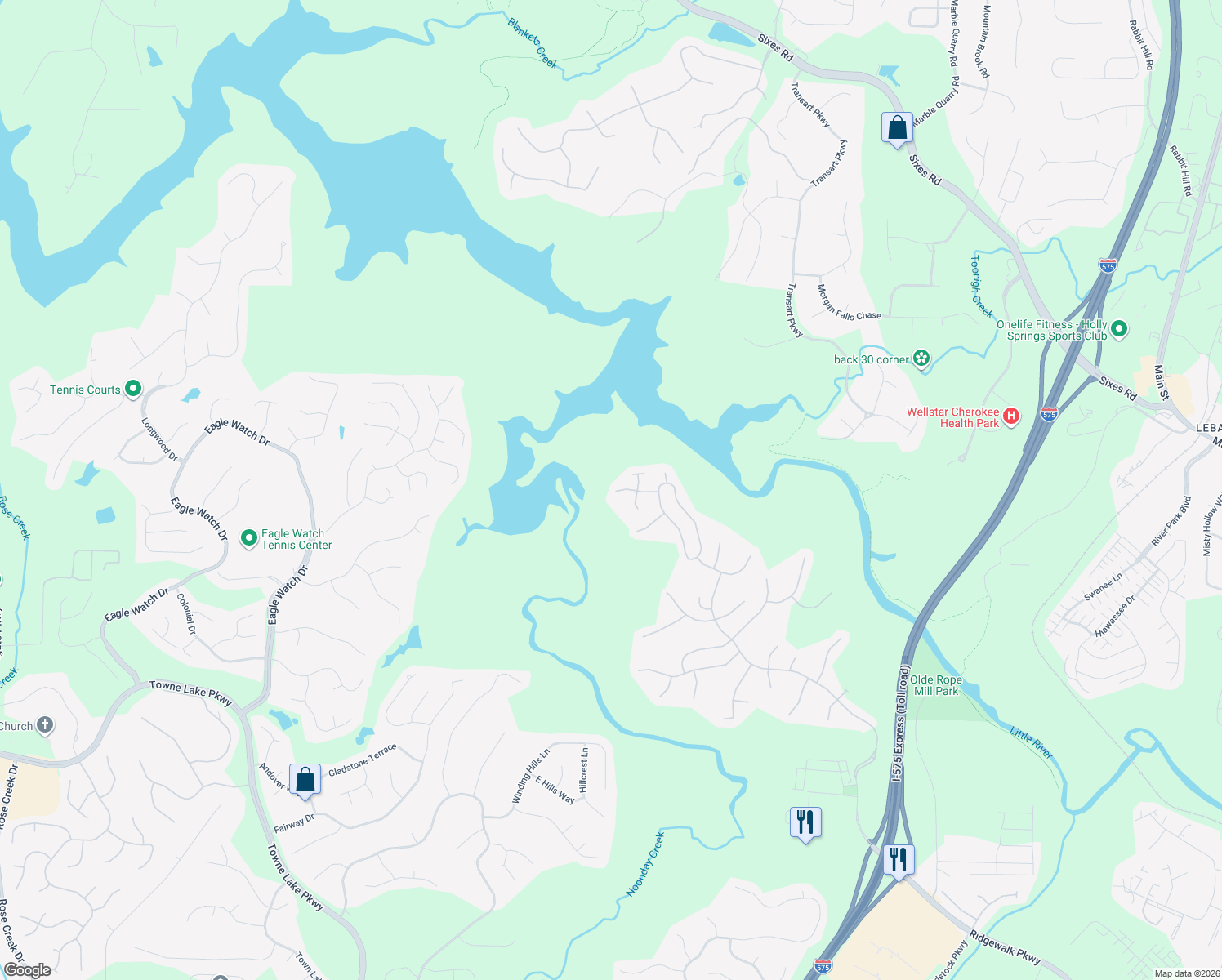 map of restaurants, bars, coffee shops, grocery stores, and more near 620 Wallnut Hall Trail in Woodstock