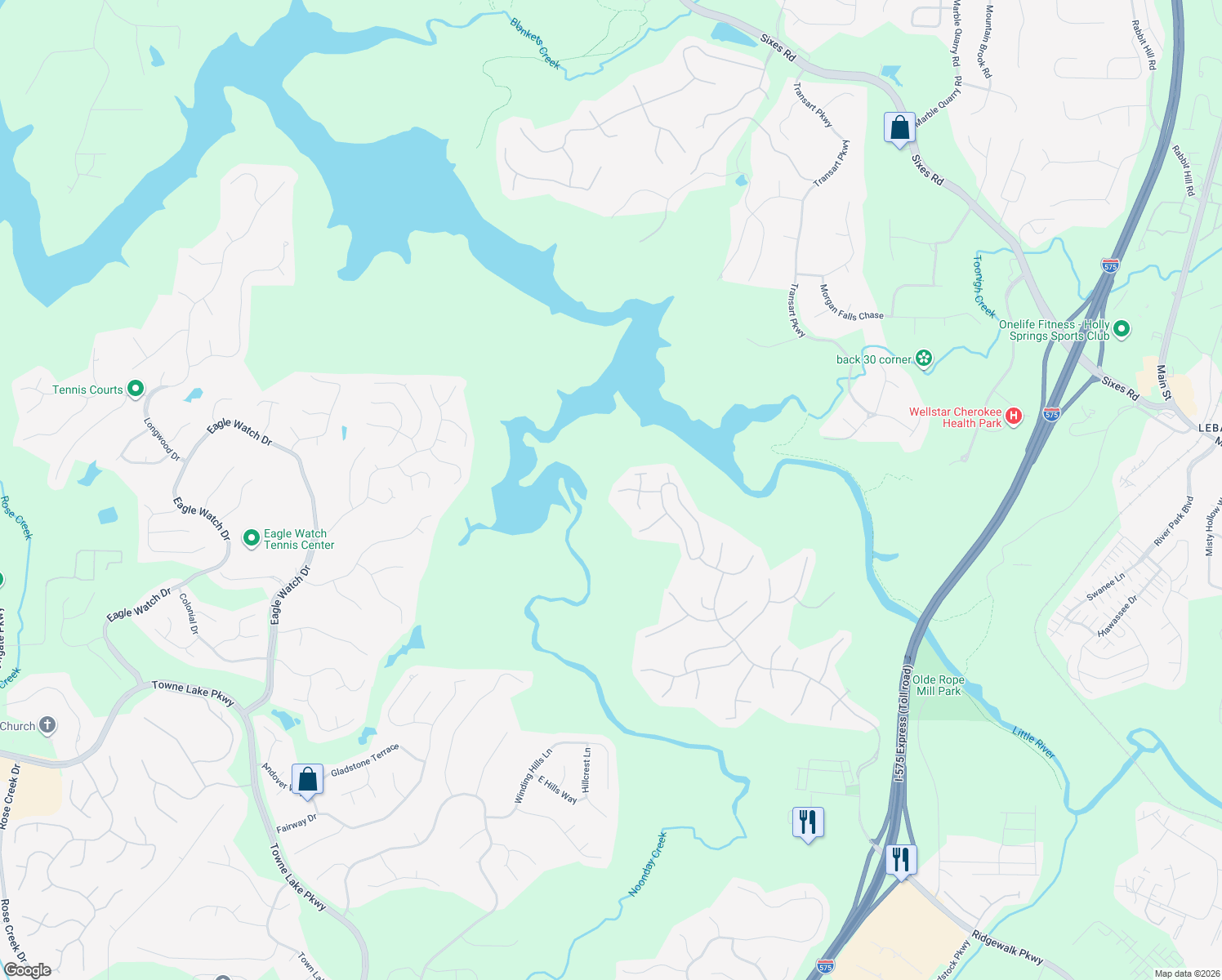 map of restaurants, bars, coffee shops, grocery stores, and more near 620 Wallnut Hall Trail in Woodstock