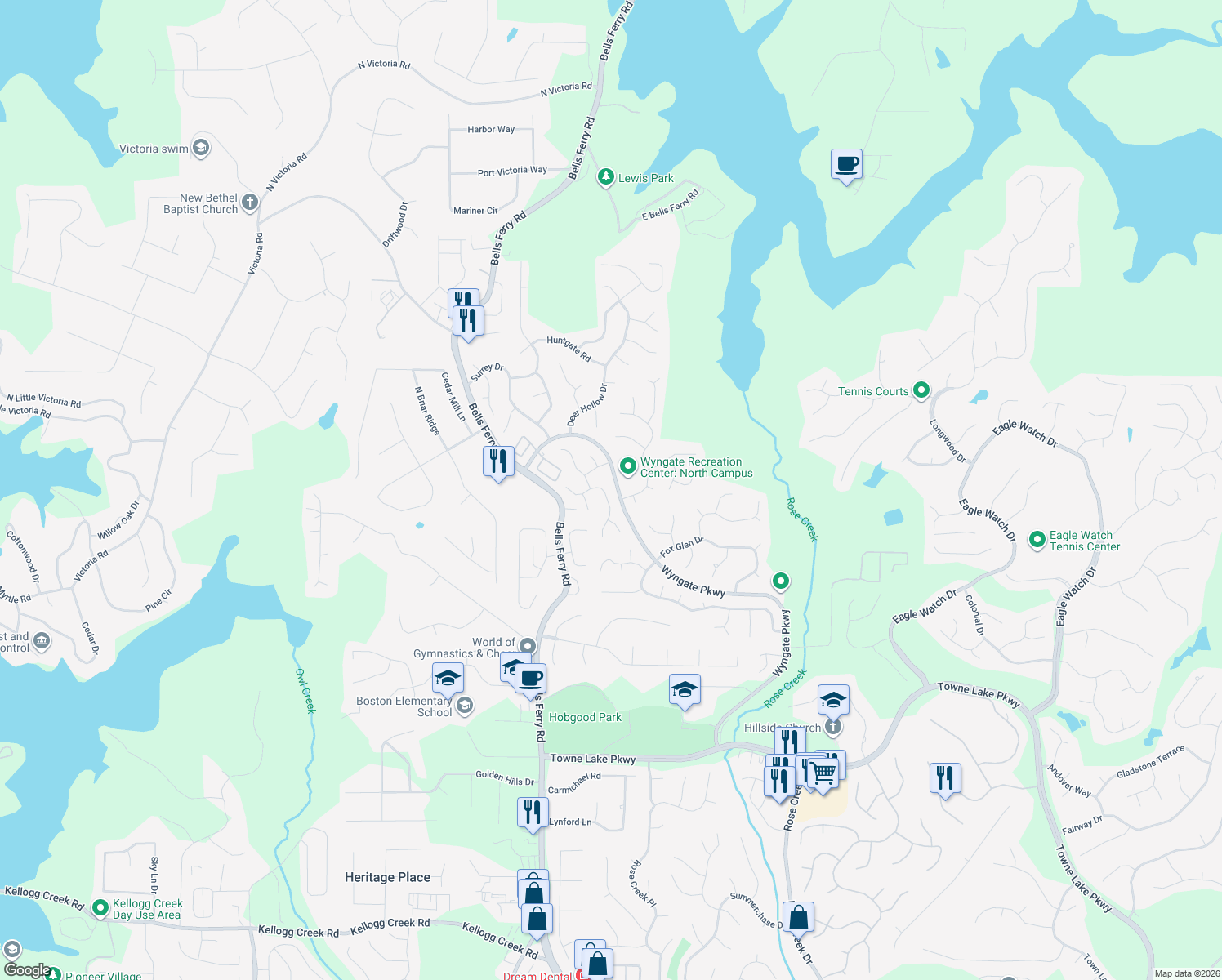 map of restaurants, bars, coffee shops, grocery stores, and more near 5020 Wesleyan Drive in Woodstock
