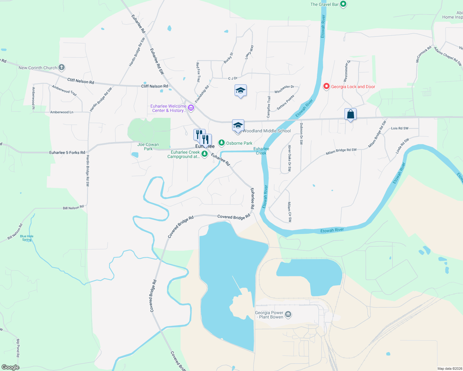 map of restaurants, bars, coffee shops, grocery stores, and more near 15 Stillwater Court Southwest in Euharlee