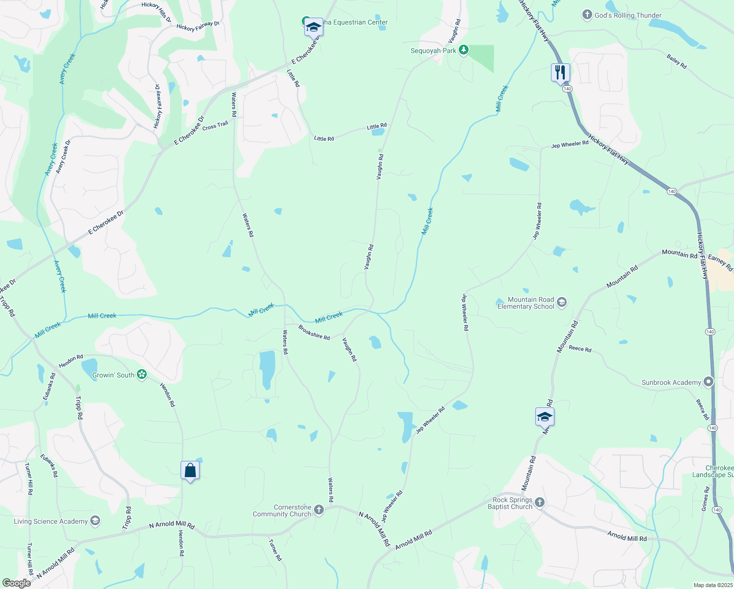 map of restaurants, bars, coffee shops, grocery stores, and more near 5592 Vaughn Road in Woodstock