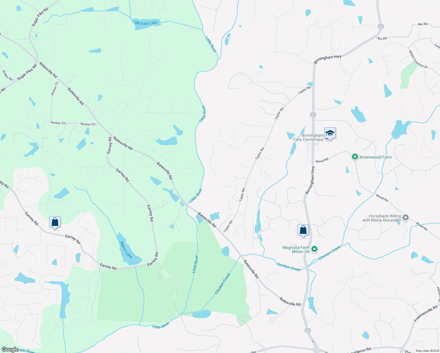 map of restaurants, bars, coffee shops, grocery stores, and more near 14743 Taylor Valley Way in Alpharetta
