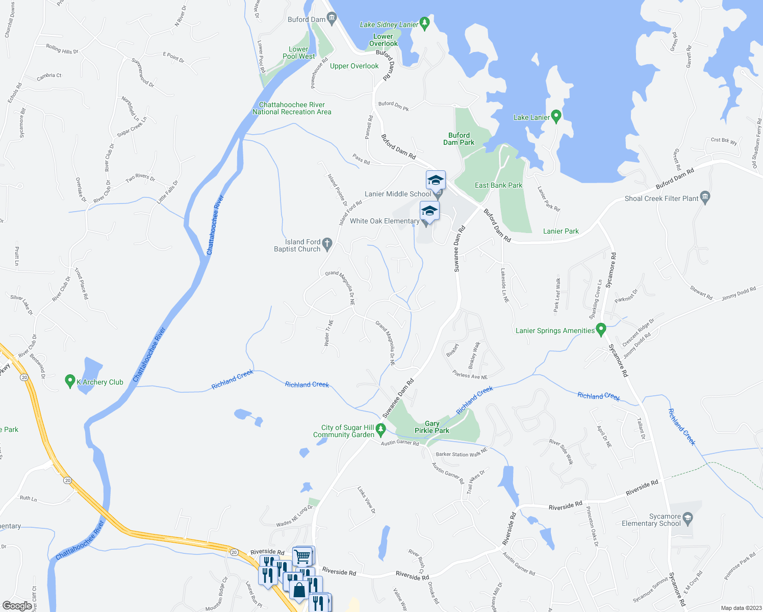 map of restaurants, bars, coffee shops, grocery stores, and more near 6451 Sweet Laurel Run Northeast in Sugar Hill