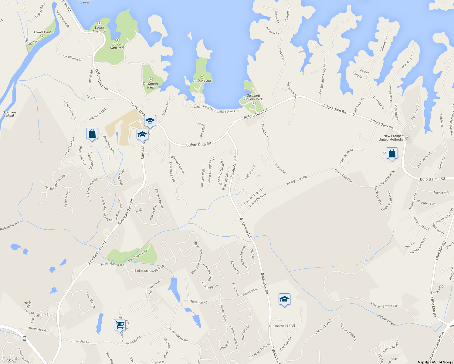 map of restaurants, bars, coffee shops, grocery stores, and more near 6151 Sparkling Cove Lane in Buford