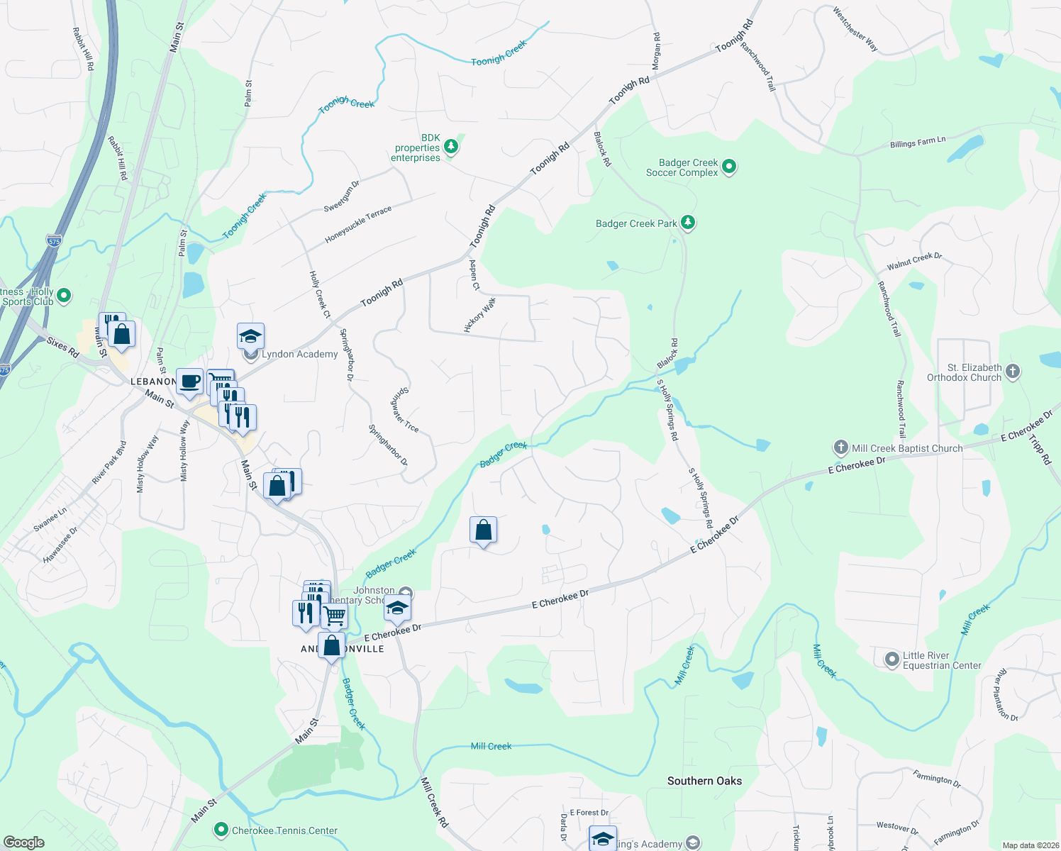 map of restaurants, bars, coffee shops, grocery stores, and more near 181 Highlands Drive in Woodstock