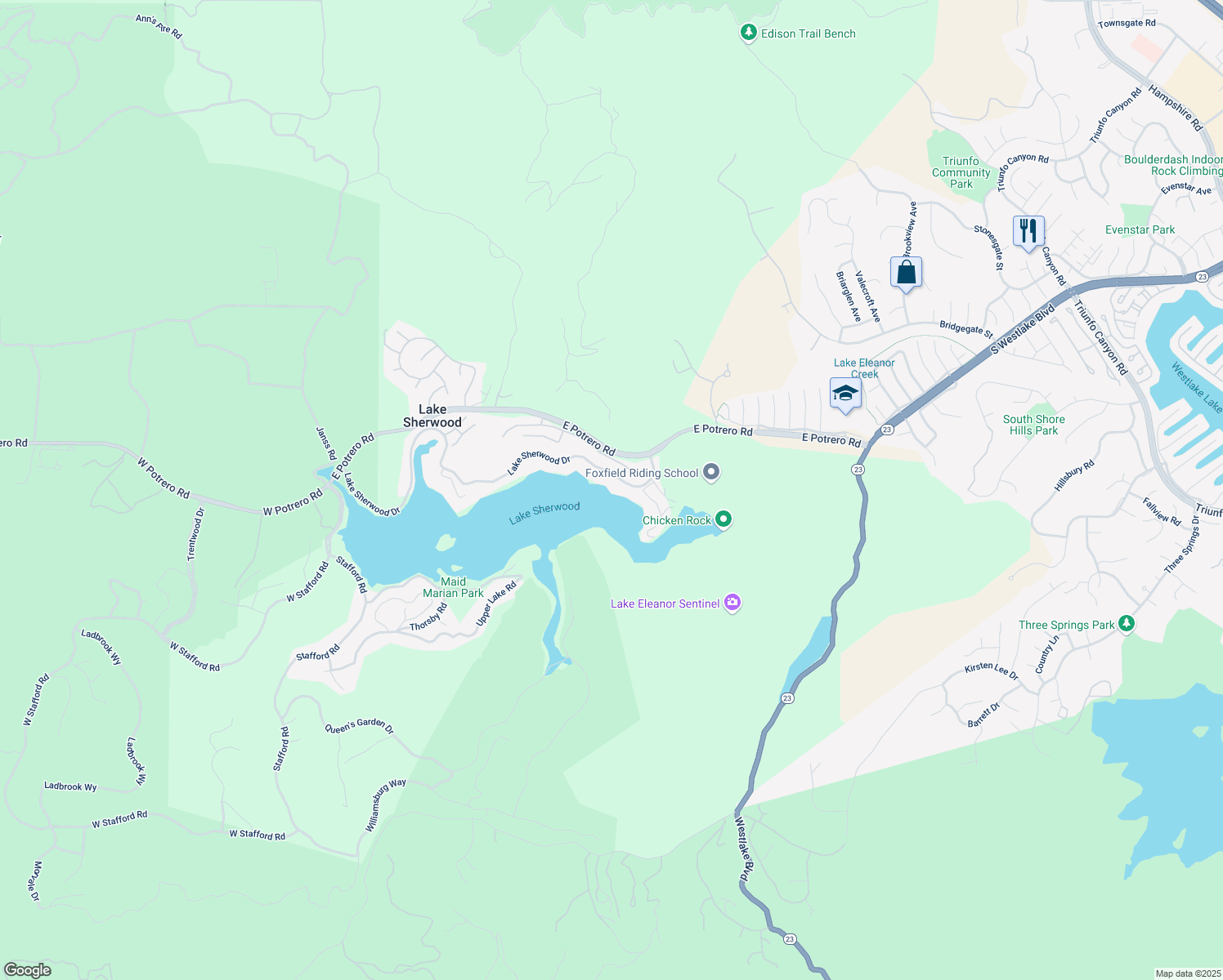 map of restaurants, bars, coffee shops, grocery stores, and more near 844 Lake Sherwood Drive in Lake Sherwood