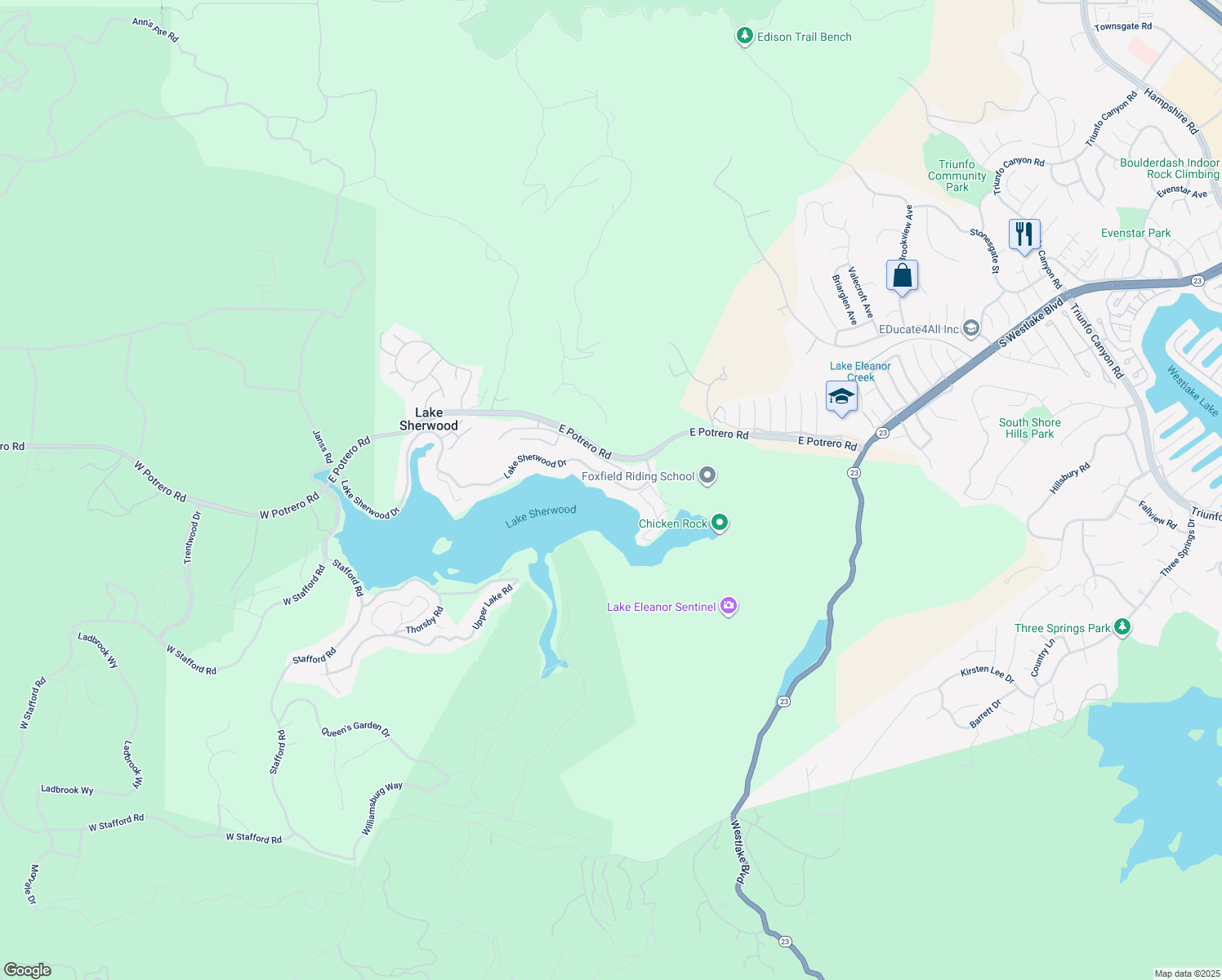 map of restaurants, bars, coffee shops, grocery stores, and more near 844 Lake Sherwood Drive in Lake Sherwood
