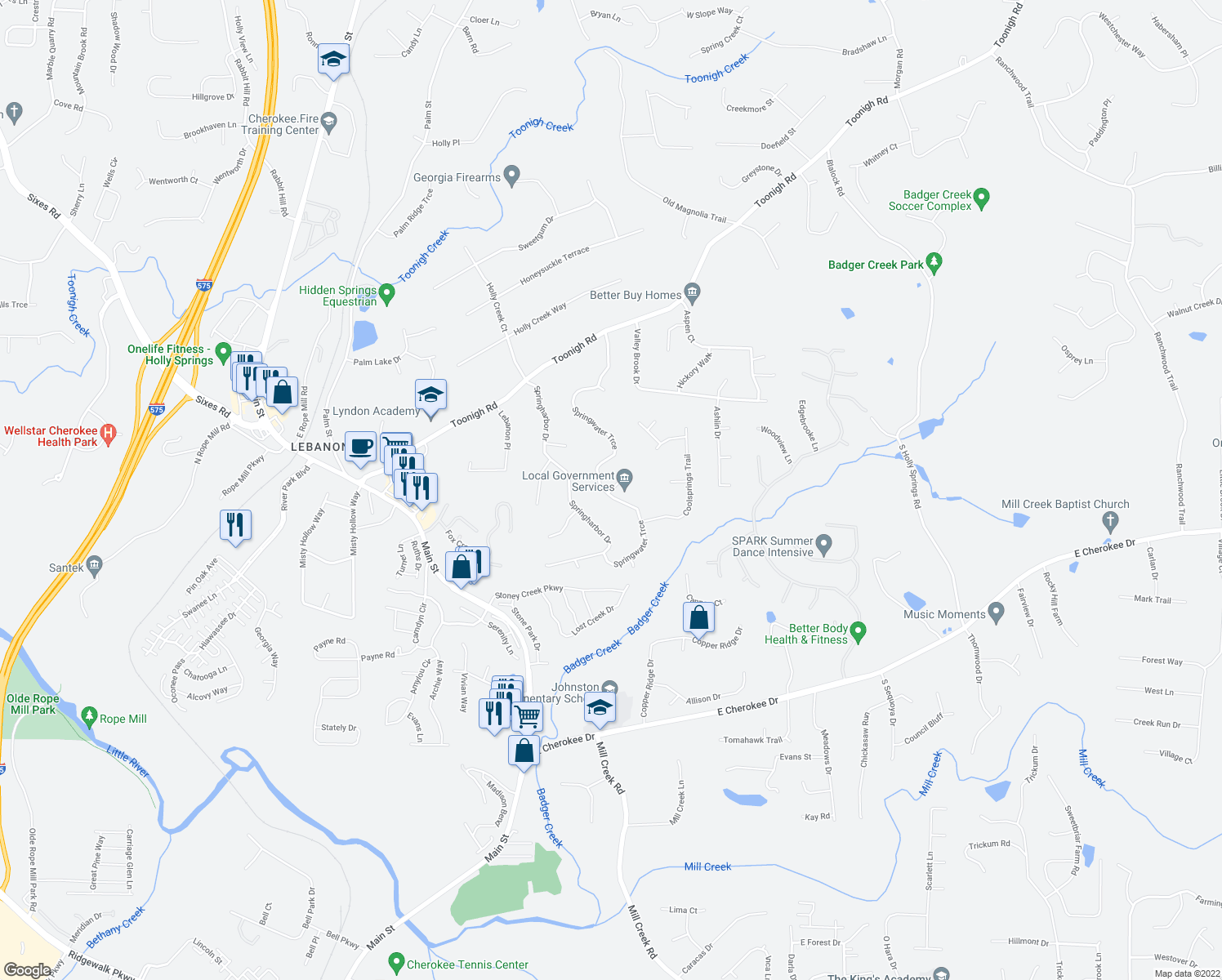map of restaurants, bars, coffee shops, grocery stores, and more near 139 Springwater Trce in Woodstock