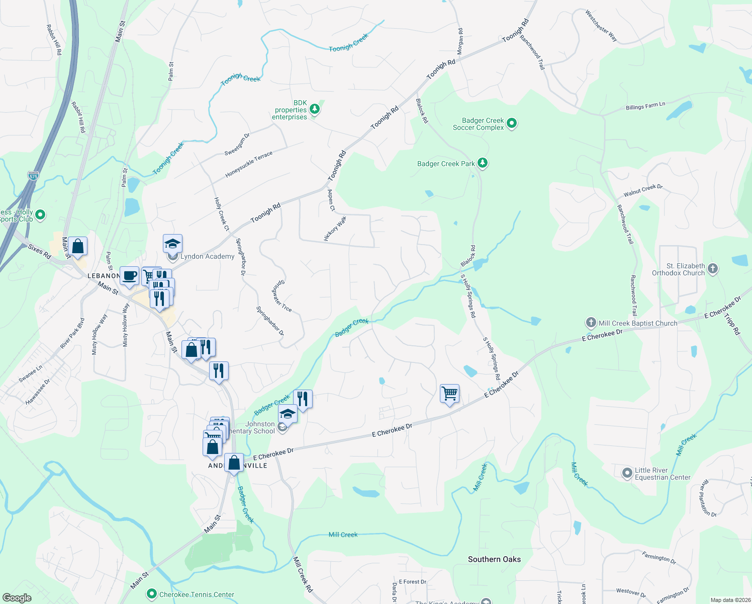map of restaurants, bars, coffee shops, grocery stores, and more near 185 Highlands Drive in Woodstock