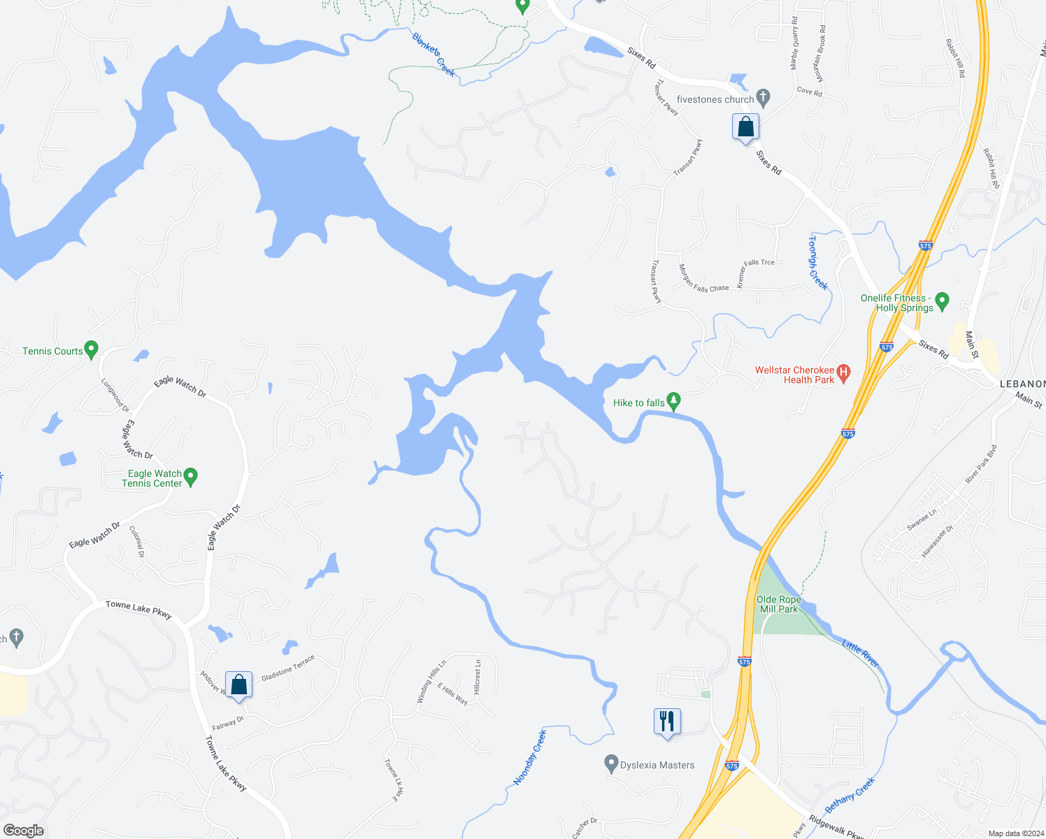 map of restaurants, bars, coffee shops, grocery stores, and more near 907 Castleton Place in Woodstock