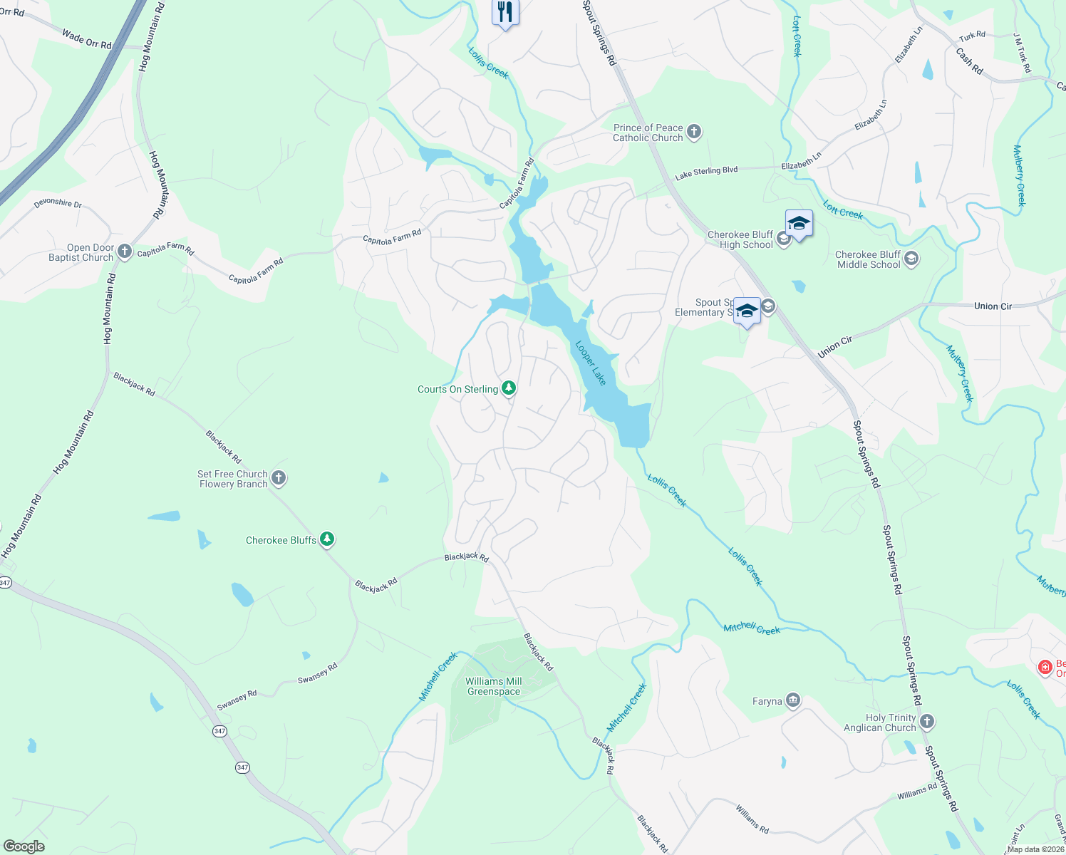 map of restaurants, bars, coffee shops, grocery stores, and more near 7430 Fireside Lane in Flowery Branch