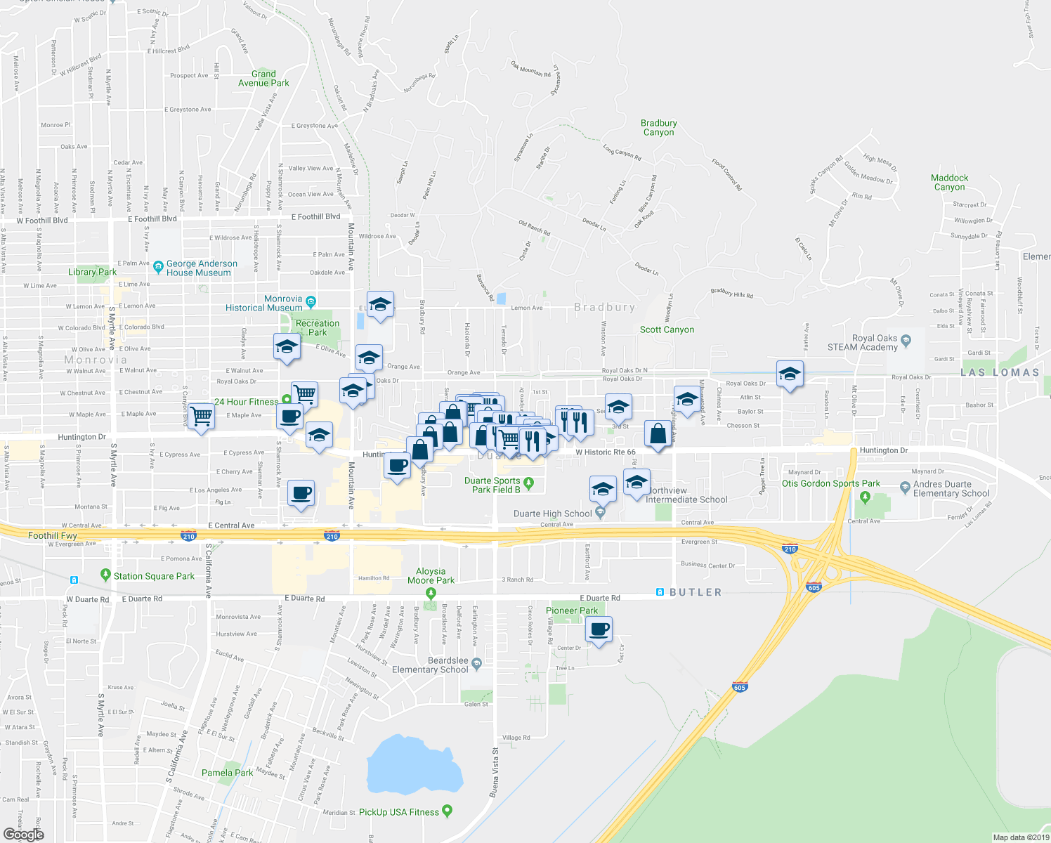 map of restaurants, bars, coffee shops, grocery stores, and more near 1367 3rd Street in Duarte