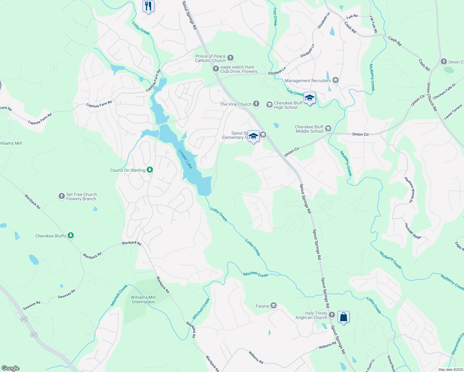 map of restaurants, bars, coffee shops, grocery stores, and more near 7036 Manchester Drive in Flowery Branch