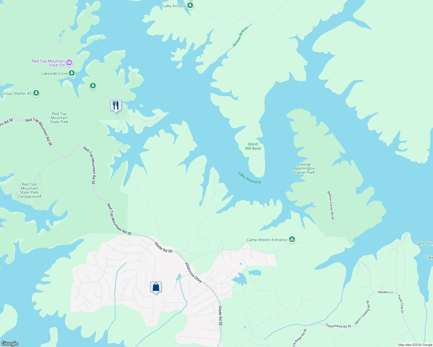 map of restaurants, bars, coffee shops, grocery stores, and more near 7560 Island Mill Rd SE in Acworth