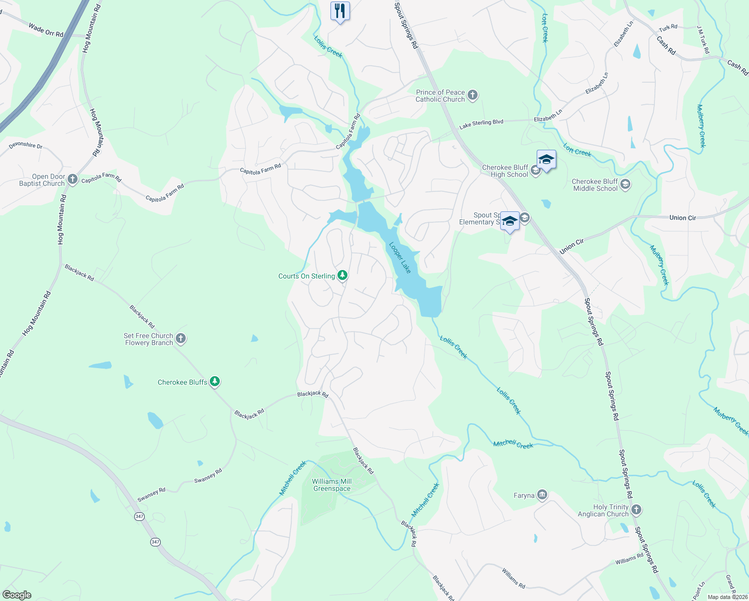 map of restaurants, bars, coffee shops, grocery stores, and more near 7404 Regatta Way in Flowery Branch