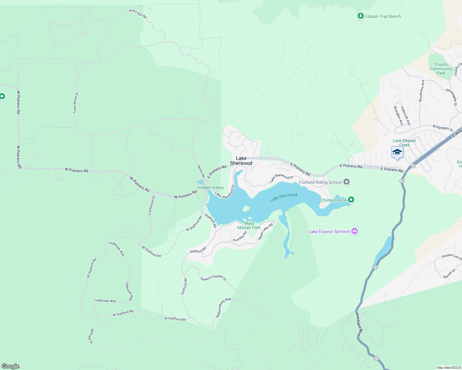 map of restaurants, bars, coffee shops, grocery stores, and more near 111 Lake Sherwood Drive in Ventura County