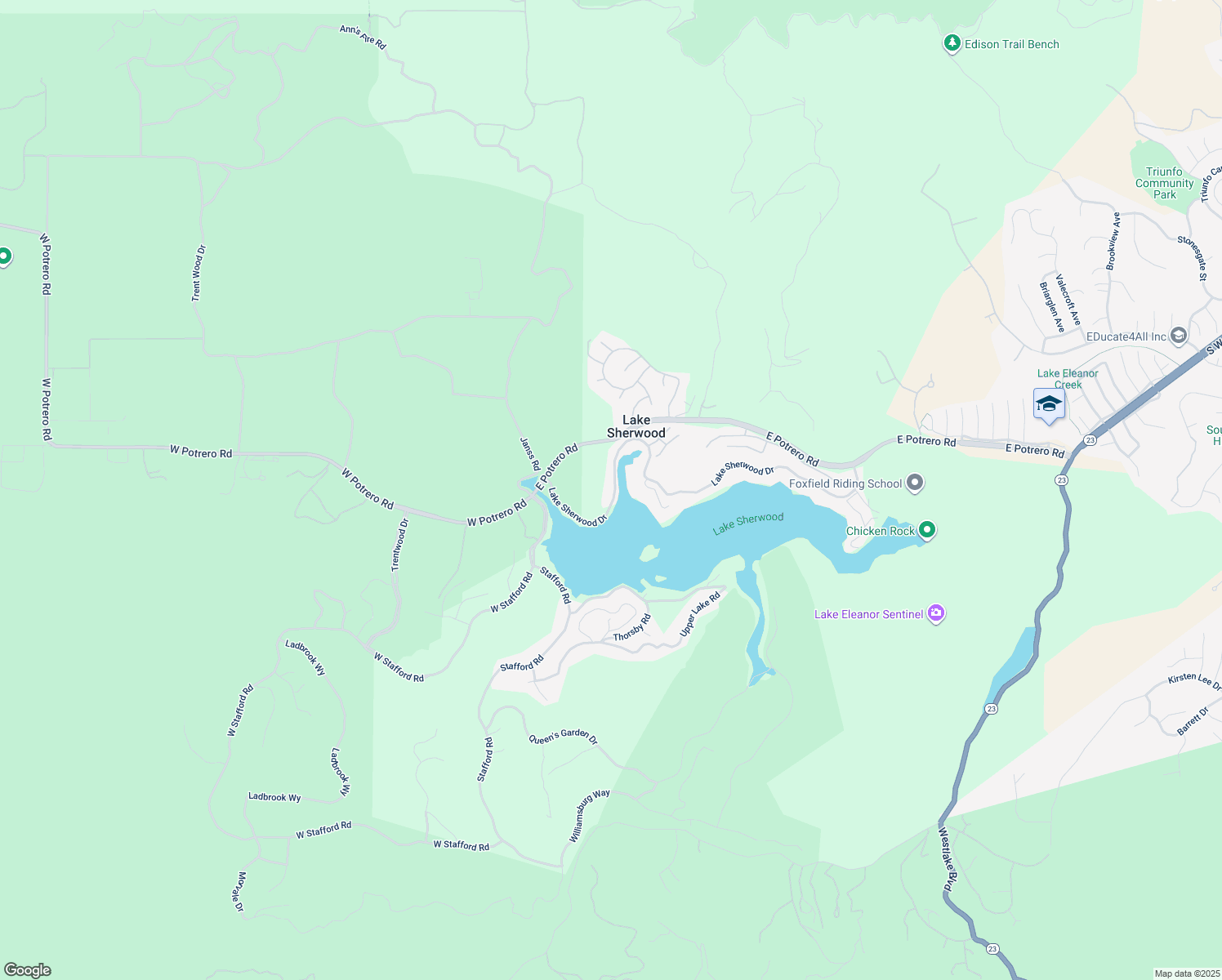map of restaurants, bars, coffee shops, grocery stores, and more near 111 Lake Sherwood Drive in Ventura County