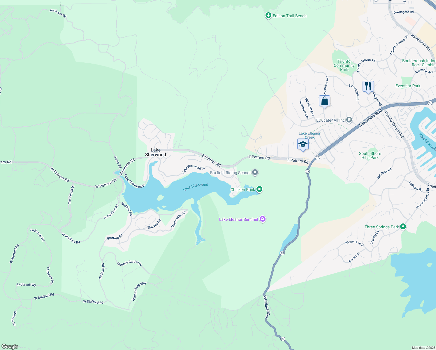 map of restaurants, bars, coffee shops, grocery stores, and more near 800 Lake Sherwood Drive in Westlake Village