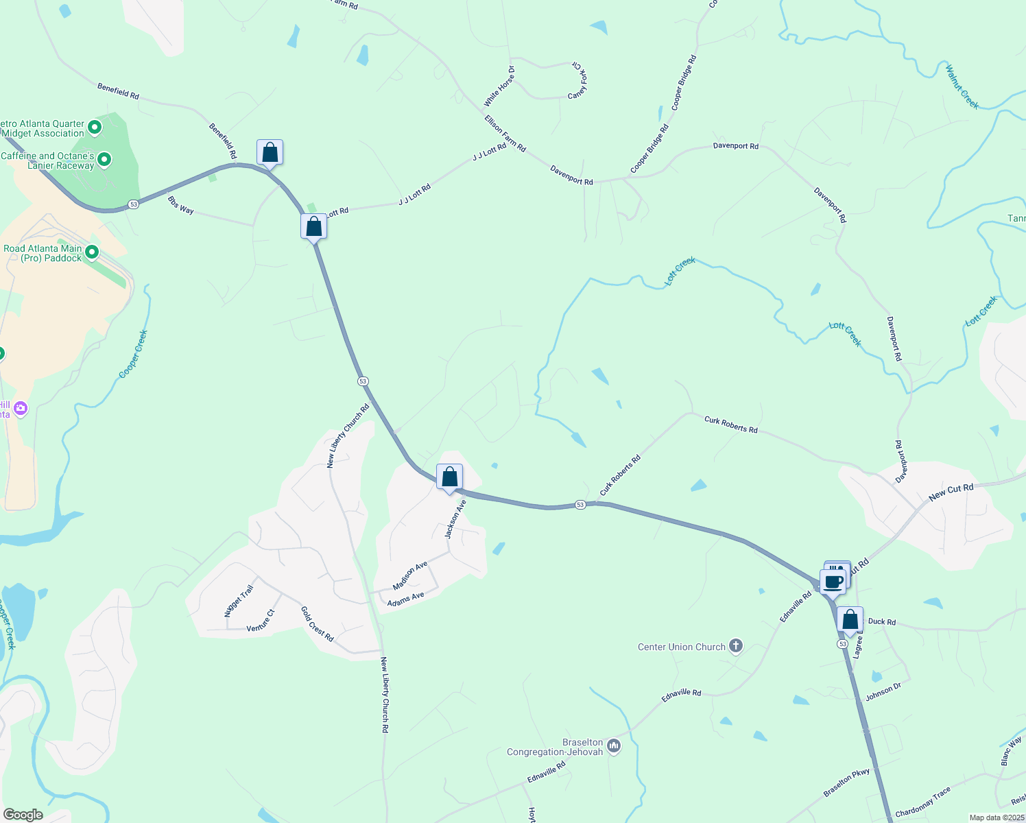 map of restaurants, bars, coffee shops, grocery stores, and more near 1327 Sunny Valley Lane in Braselton