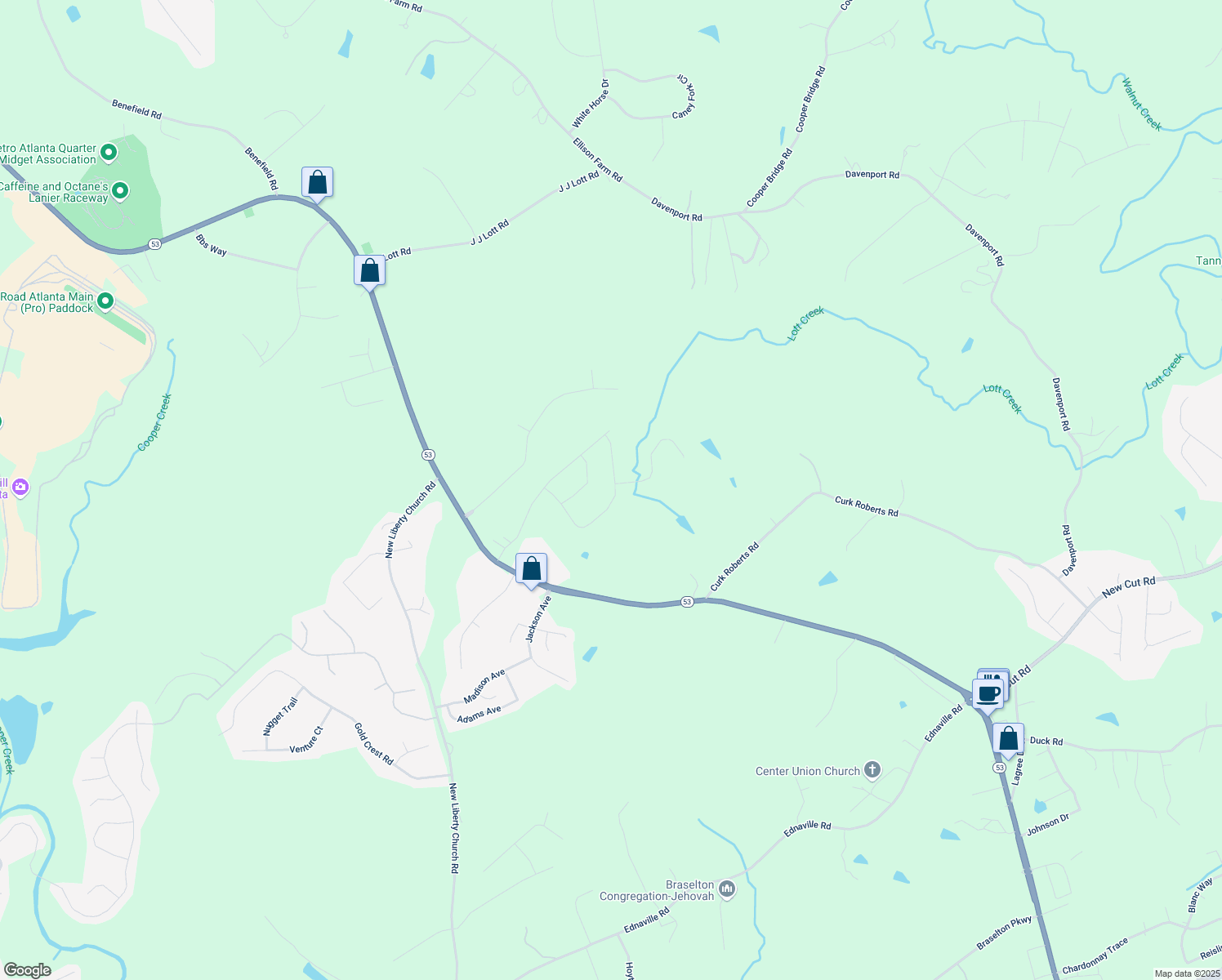 map of restaurants, bars, coffee shops, grocery stores, and more near 1327 Sunny Valley Lane in Braselton