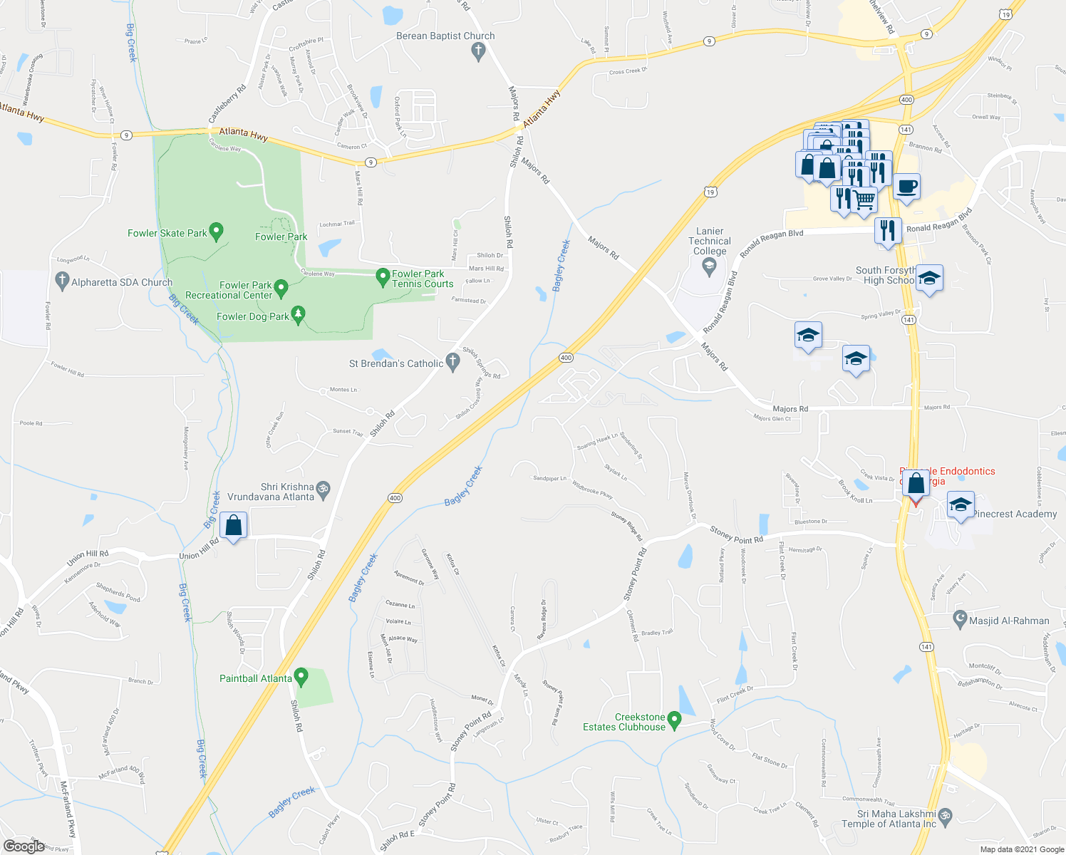 map of restaurants, bars, coffee shops, grocery stores, and more near 4270 Bryton Trace Dr in Cumming