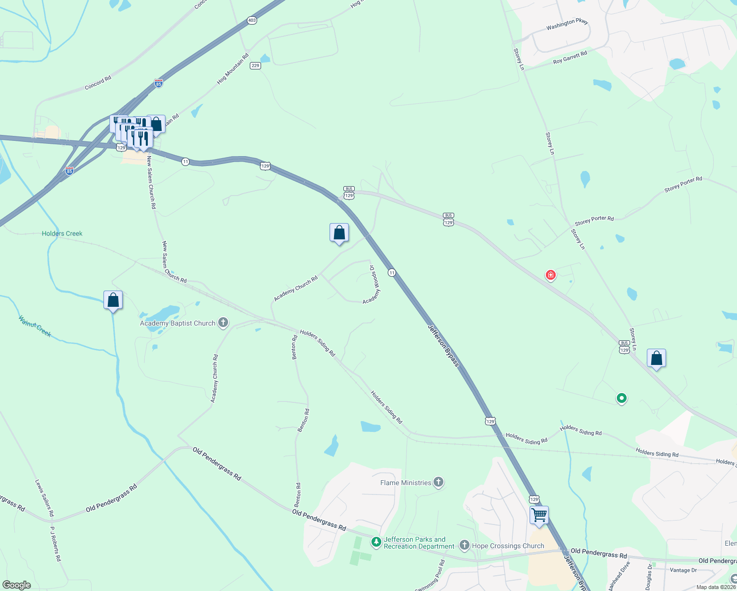 map of restaurants, bars, coffee shops, grocery stores, and more near 323 Academy Woods Dr in Jefferson