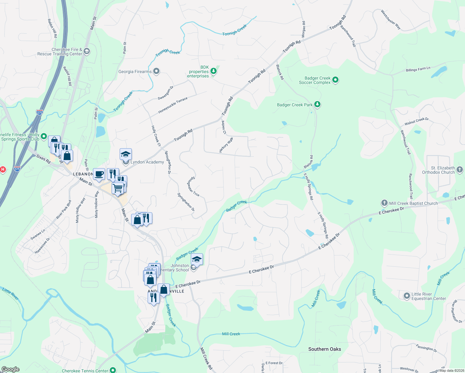 map of restaurants, bars, coffee shops, grocery stores, and more near 1090 Ashlin Drive in Woodstock