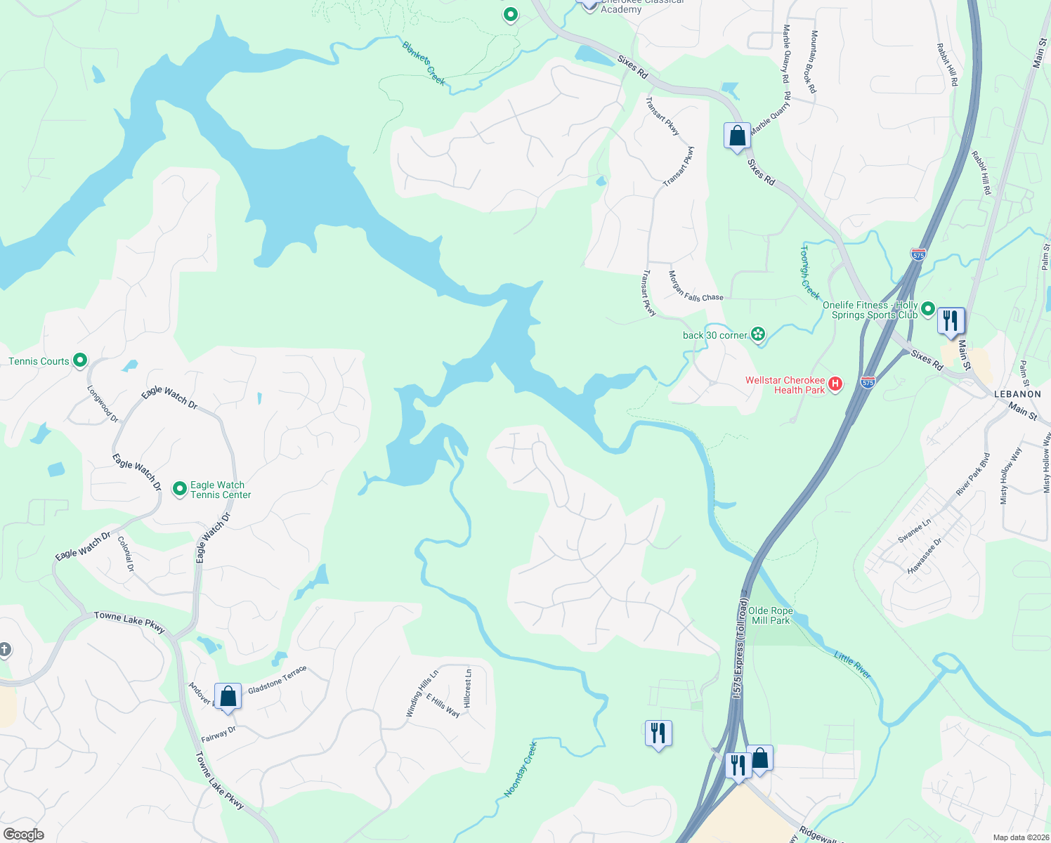 map of restaurants, bars, coffee shops, grocery stores, and more near 565 Ashland Parkway in Woodstock
