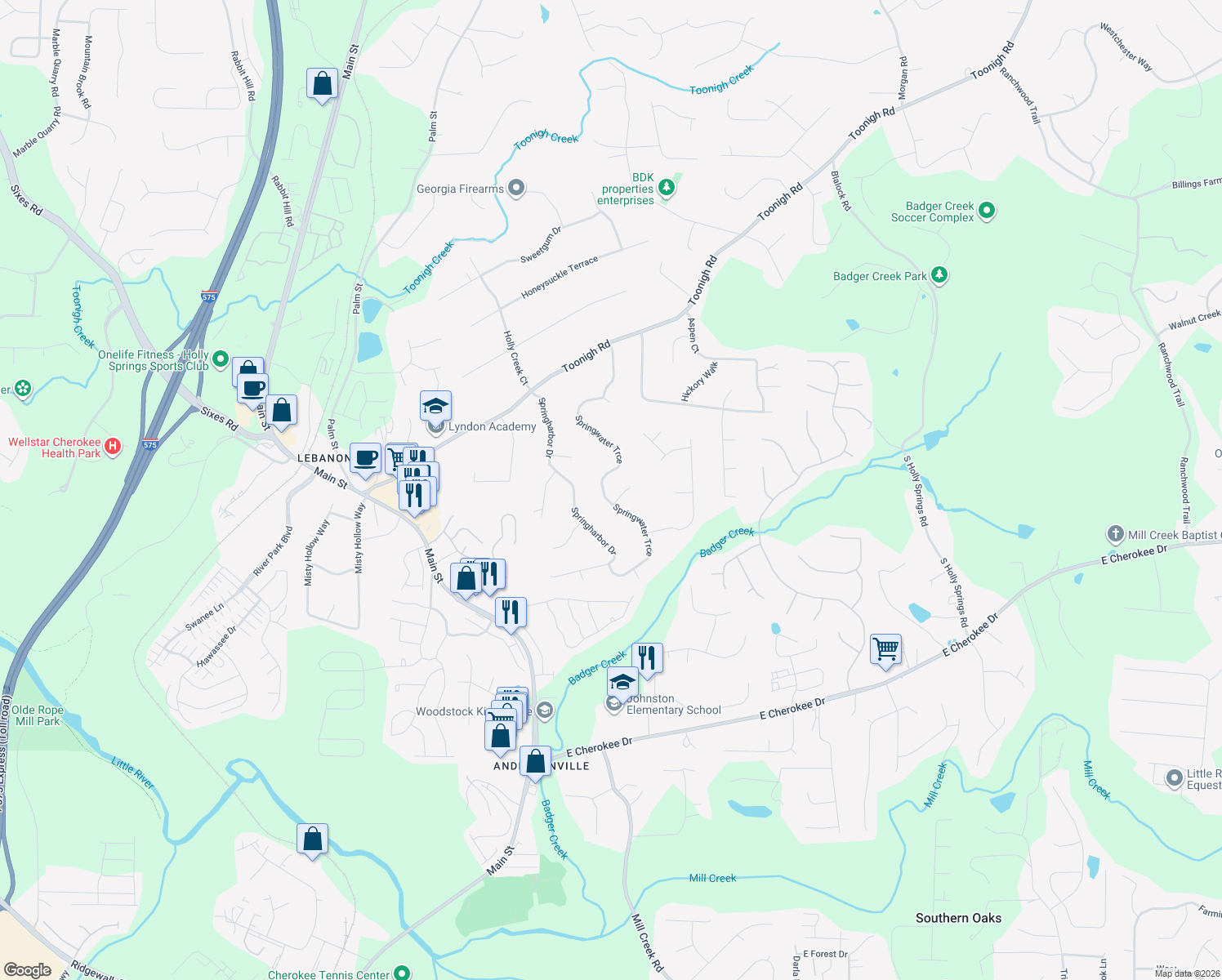 map of restaurants, bars, coffee shops, grocery stores, and more near 139 Springwater Trce in Woodstock